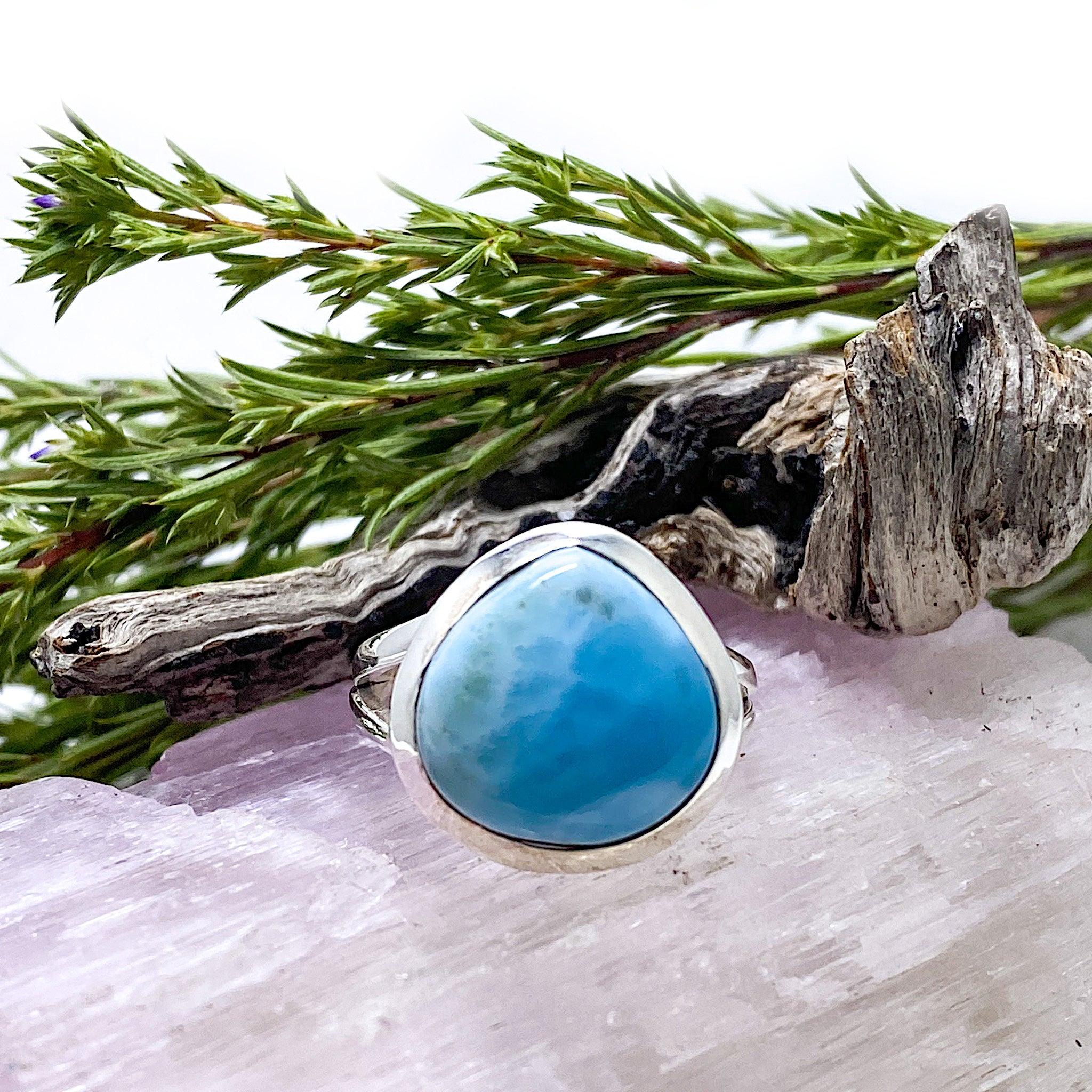 Larimar Teardrop Ring - Size 8 - KRGJ1363 - Handmade Sterling Silver Jewelry for Women - Perfect for Beach Weddings & Boho Fashion