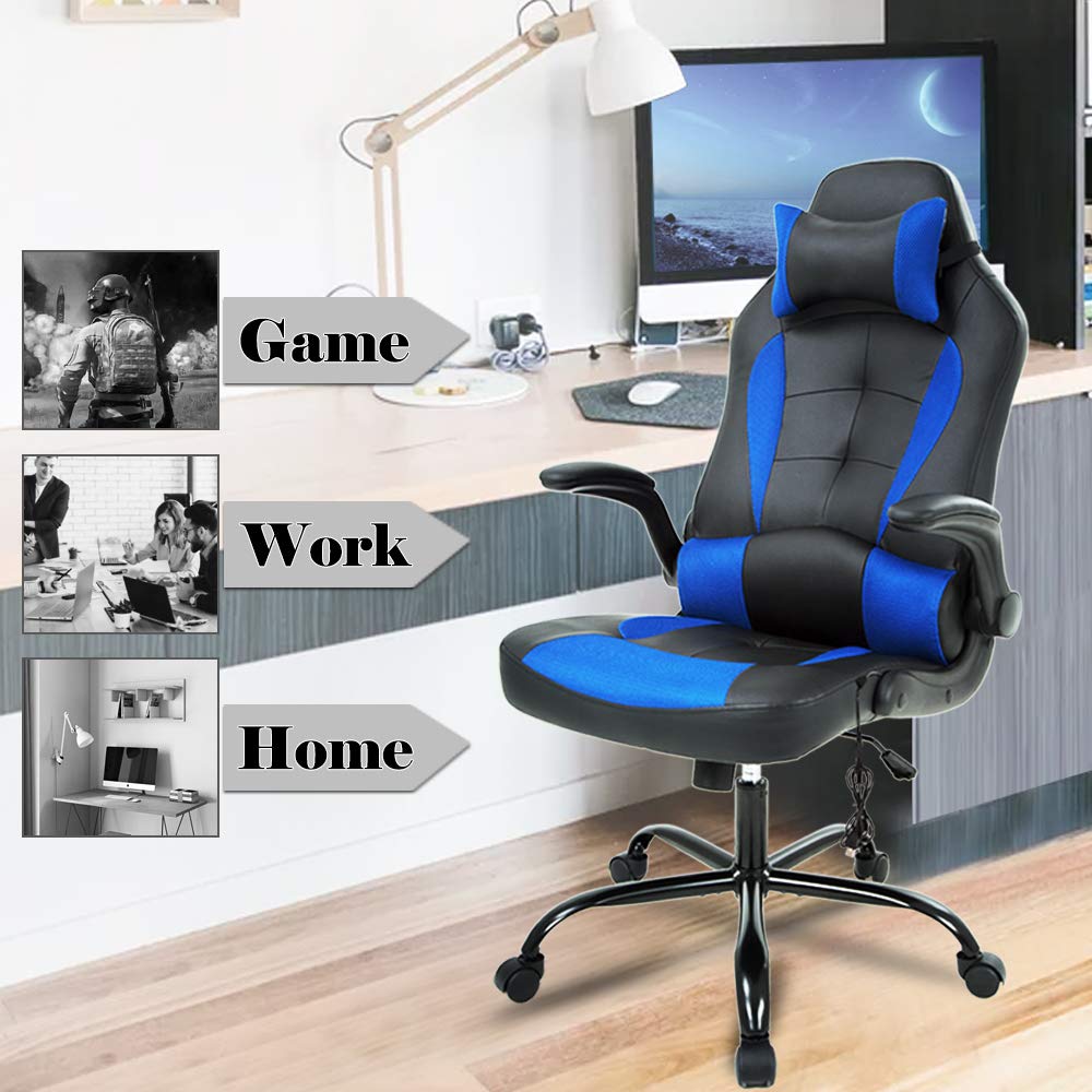 Ergonomic Racing Style Gaming Chair - High Back PU Leather Office Chair with Adjustable Height, Lumbar Support & Swivel Base - Comfortable Computer Desk Chair for Home & Office Use - Perfect for Gaming, Working & Studying - Blue