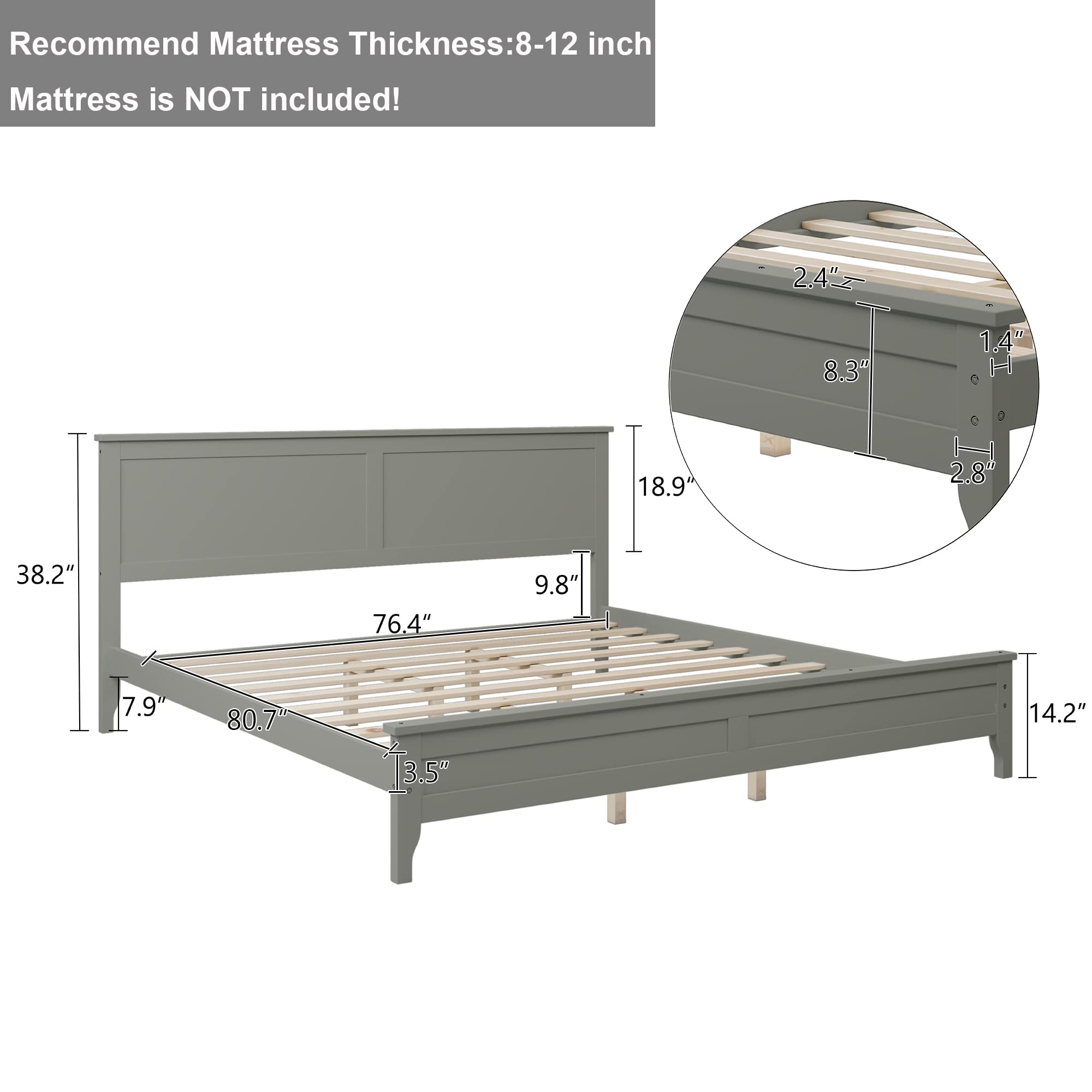 JULYFOX King Size Bed Frame with Headboard - Gray Pine Wood Platform Bed for Heavy Duty Support (800 lbs) - No Box Spring Needed - Perfect for Master Bedrooms