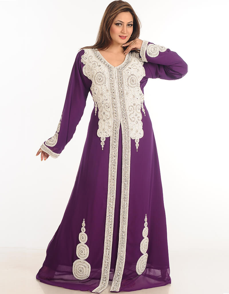 Elegant Arabic Wine Georgette Kaftan Dress with Hand Embroidery for Women - Perfect for Parties, Weddings & Special Occasions