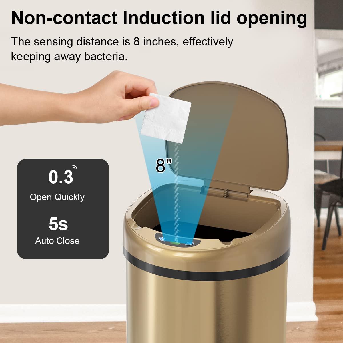 Smart Trash Can 3.5 Gallon Automatic Sealing Stainless Steel Garbage Bin - Touchless Sensor Trash Can with Odor Control for Kitchen, Bathroom, Office - Hands-Free Waste Disposal Solution (Champagne Gold)