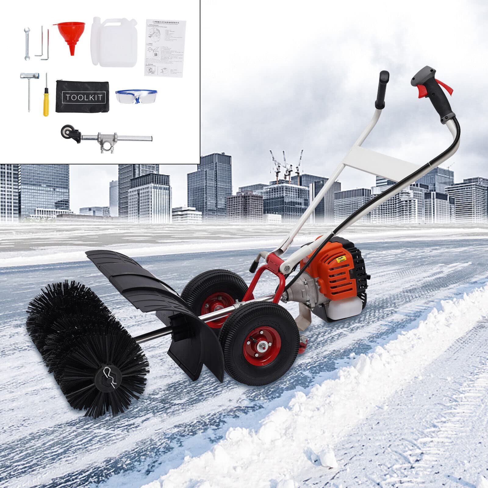 52cc 2 Stroke Gas Powered Handheld Sweeper Broom - Dual Handle Snow Blower & Lawn Cleaner for Driveway, Artificial Grass, Snow Removal - Long Reach Walk Behind Cleaner with Chainsaw Attachment for Easy Yard Maintenance