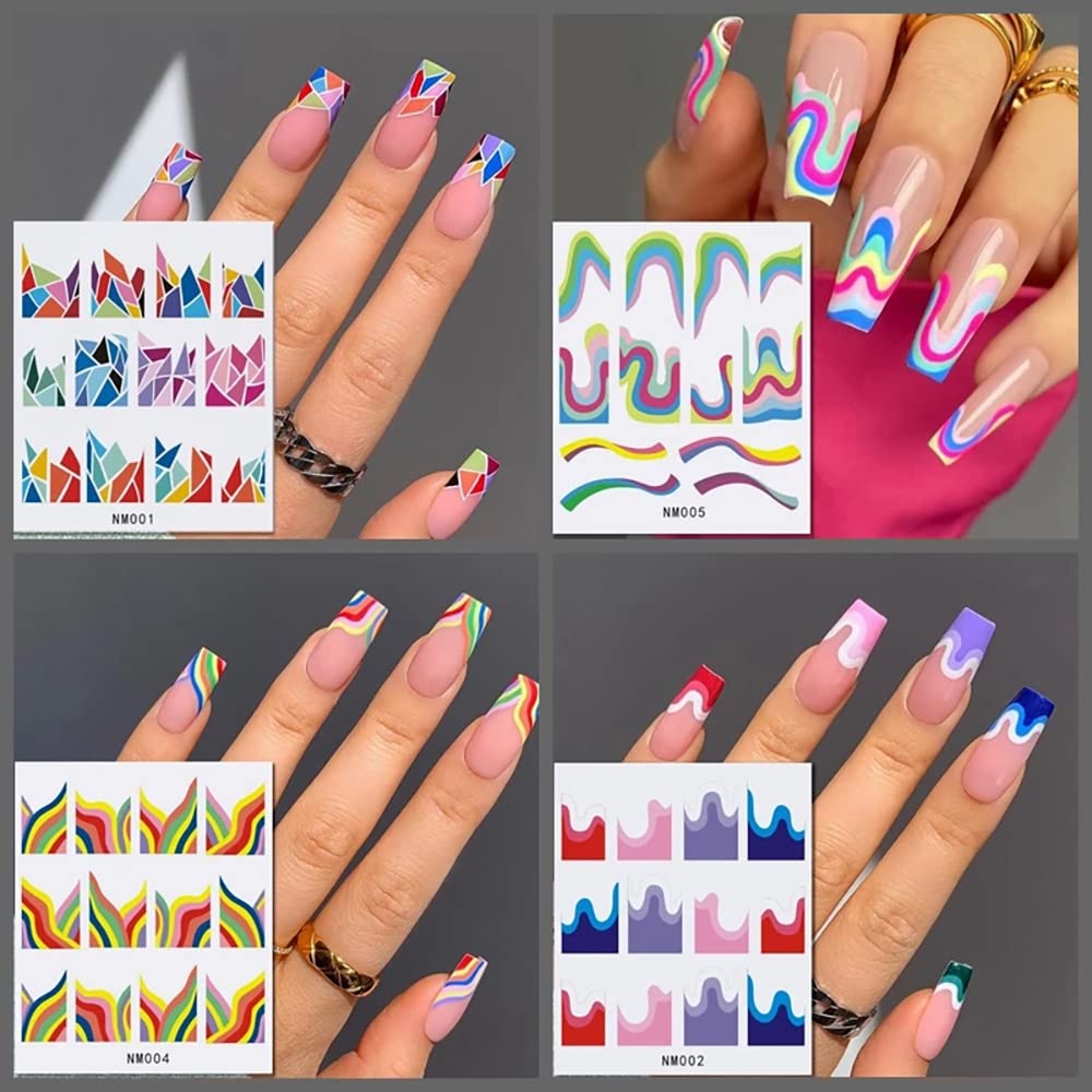 36 Sheets Rainbow Geometric Nail Stickers - Colorful Stripes Water Transfer Decals for Acrylic Nails | French Manicure, Pride Nail Art & DIY Nail Designs | Perfect for Parties, Salons & Home Use