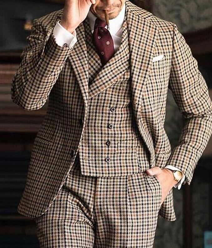 Stylish Houndstooth Checkered 3-Piece Men's Wedding Suit Set - Perfect for Formal Events, Prom & Groom Attire | CB44143