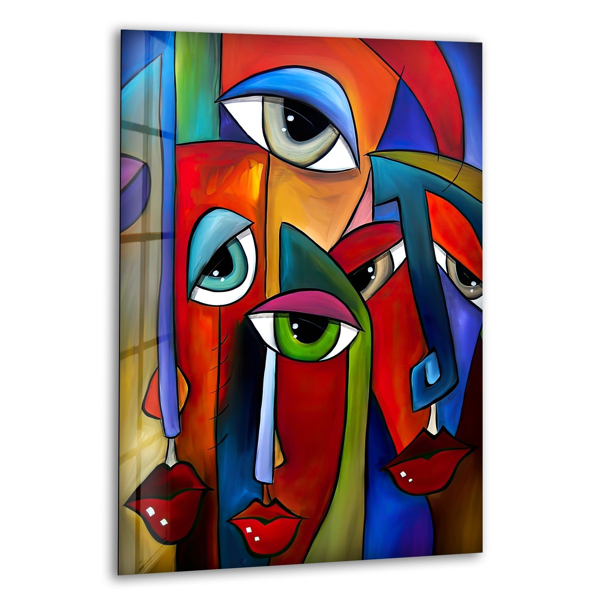 Abstract Colorful Faces Glass Wall Art - Modern Home Decor for Living Room, Bedroom & Office - Unique Handmade Glass Painting for Stylish Interior Design
