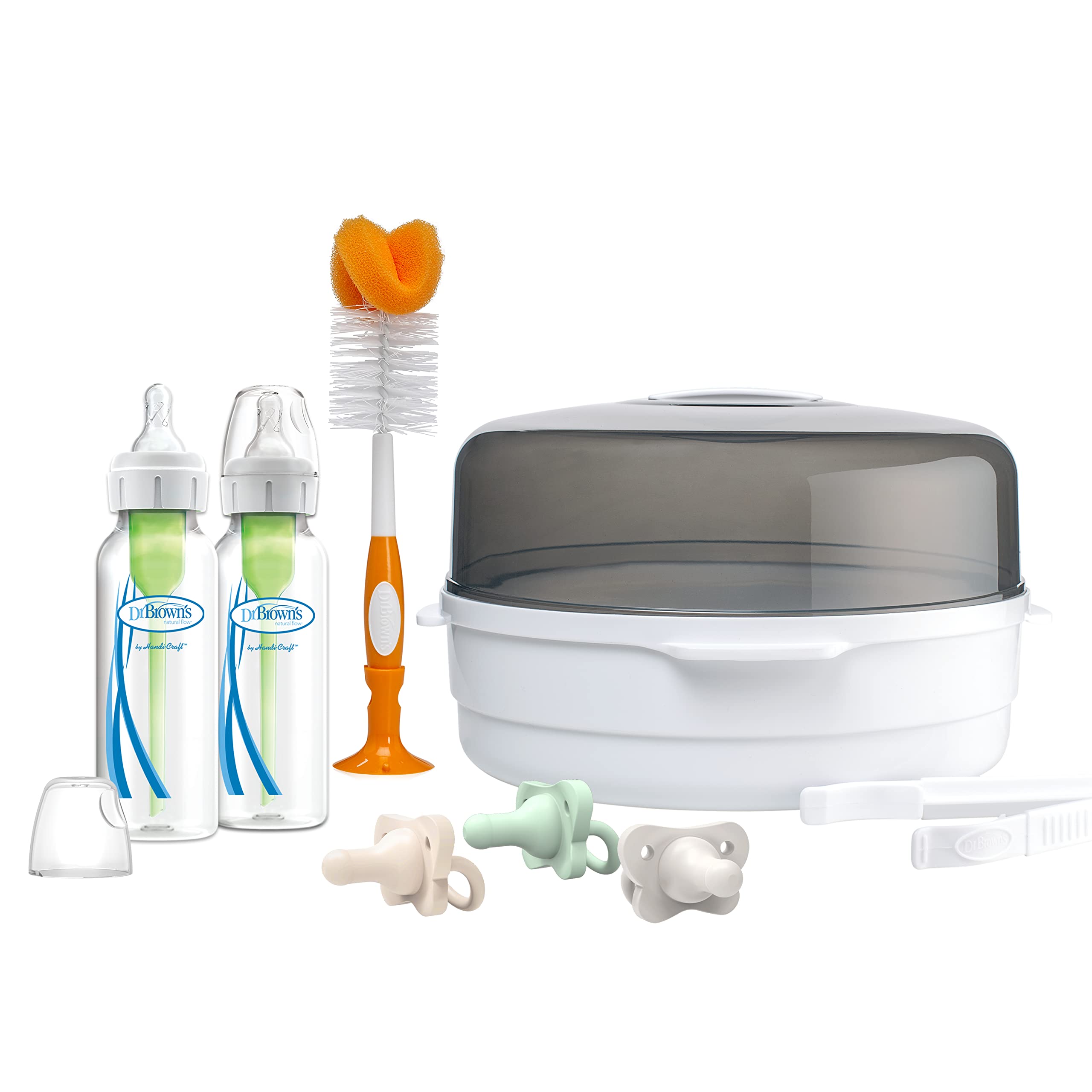 Dr. Brown's Microwave Steam Sterilizer Set for Baby Bottles - BPA-Free, Fast 3-Minute Sterilization - Perfect for Breast Pump Parts, Pacifiers & Baby Feeding Accessories