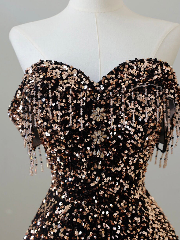 Elegant Off Shoulder A-Line Coffee Gold Sequin Long Prom Dress | Formal Evening Gown for Homecoming, Wedding & Special Occasions