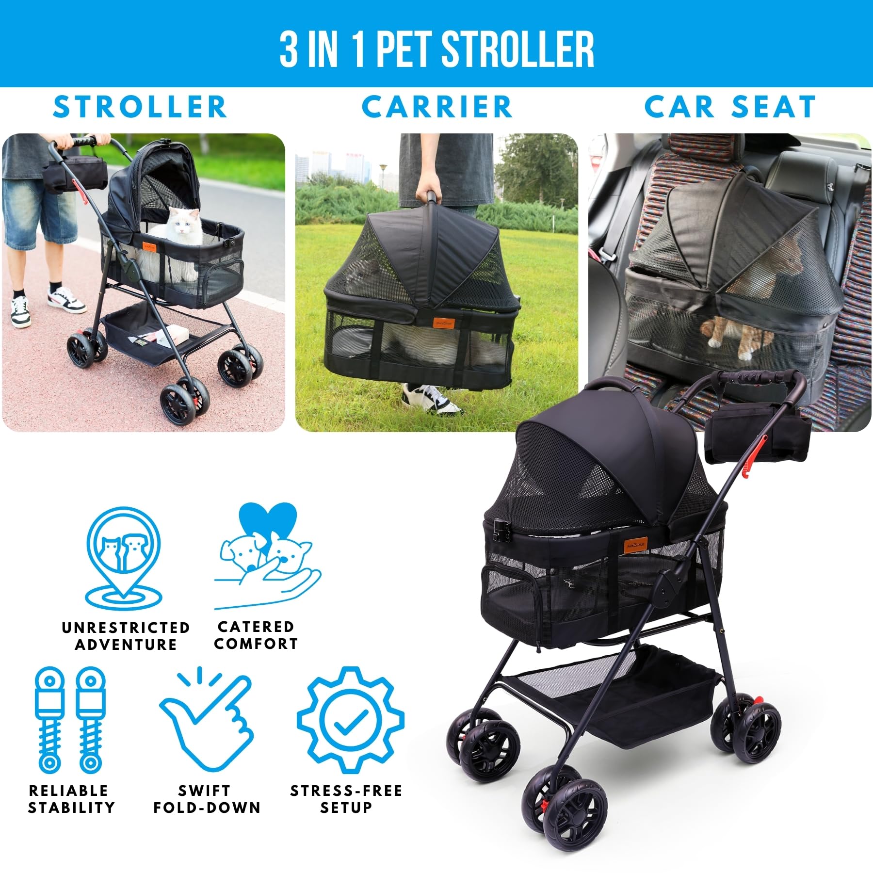 Premium Pet Stroller for Small Dogs & Cats - 3-in-1 Convertible Carrier with Wheels, Detachable Design, 33 lbs Capacity - Easy Fold & Compact for Travel - Perfect for Vet Visits, Shopping & Outdoor Adventures (Black)