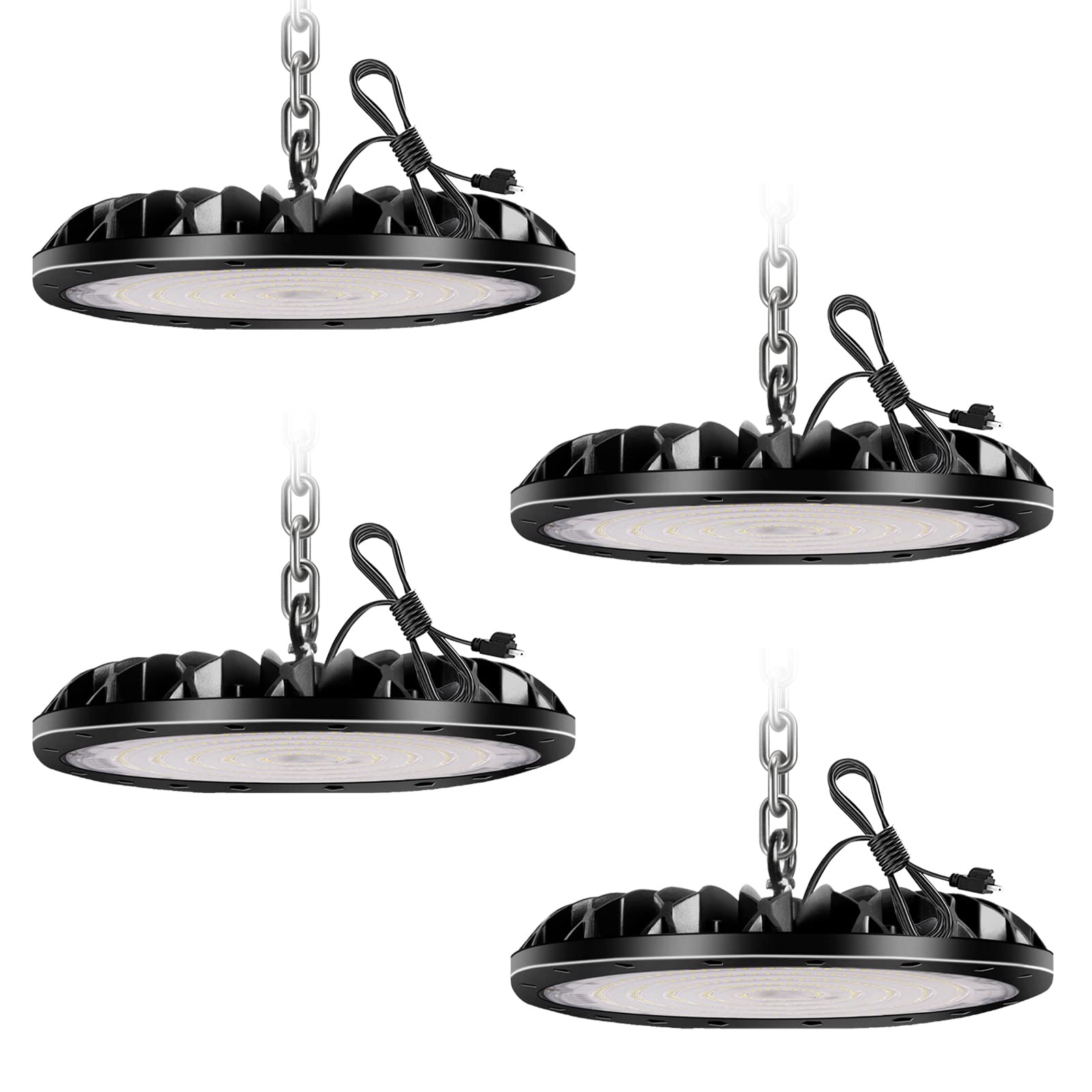 300W LED UFO High Bay Light 4 Pack - 6000K Daylight White, 30000LM Commercial Grade Lighting with 1.2M Cable & 110V Plug - LED Garage Ceiling Lights for Workshop, Warehouse, Factory, Gym, Retail Stores - Energy Saving Durable Industrial Lighting Solution