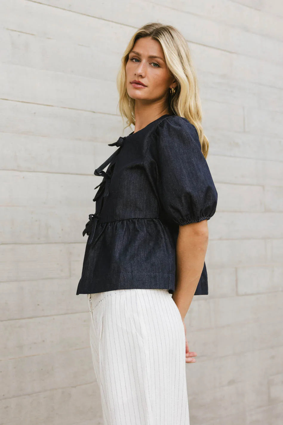 Stylish Natalia Peplum Tie Blouse in Dark Wash - Women's Fashion Top for Work & Evening Out | FINAL SALE