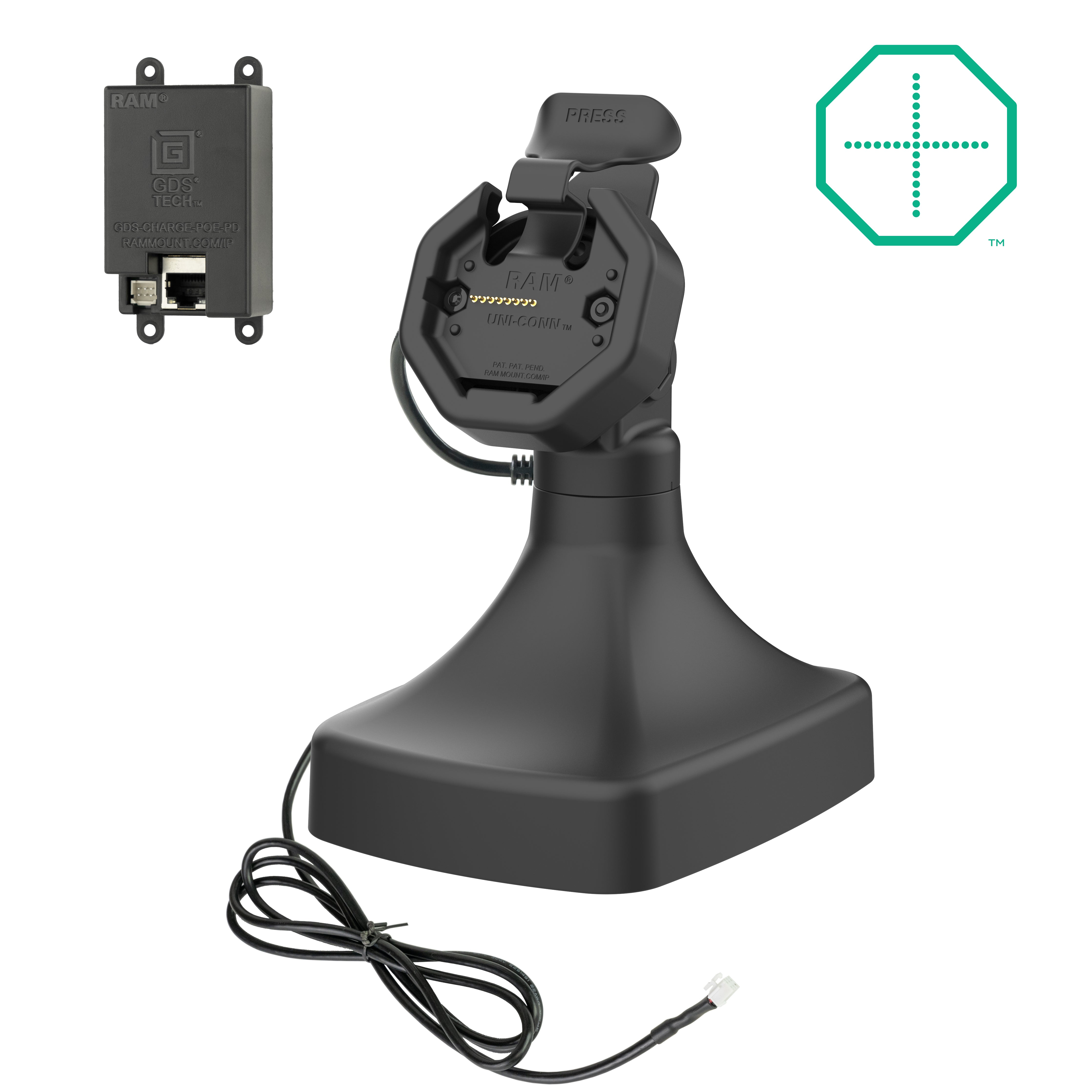 GDS® Uni Conn™ Powered Tilt & Swivel Dock with PoE (RAM GDS DOCK D14 U3E) - Adjustable Monitor Stand for Office & Home Workstations - Perfect for Dual Monitor Setup & Ergonomic Workspaces