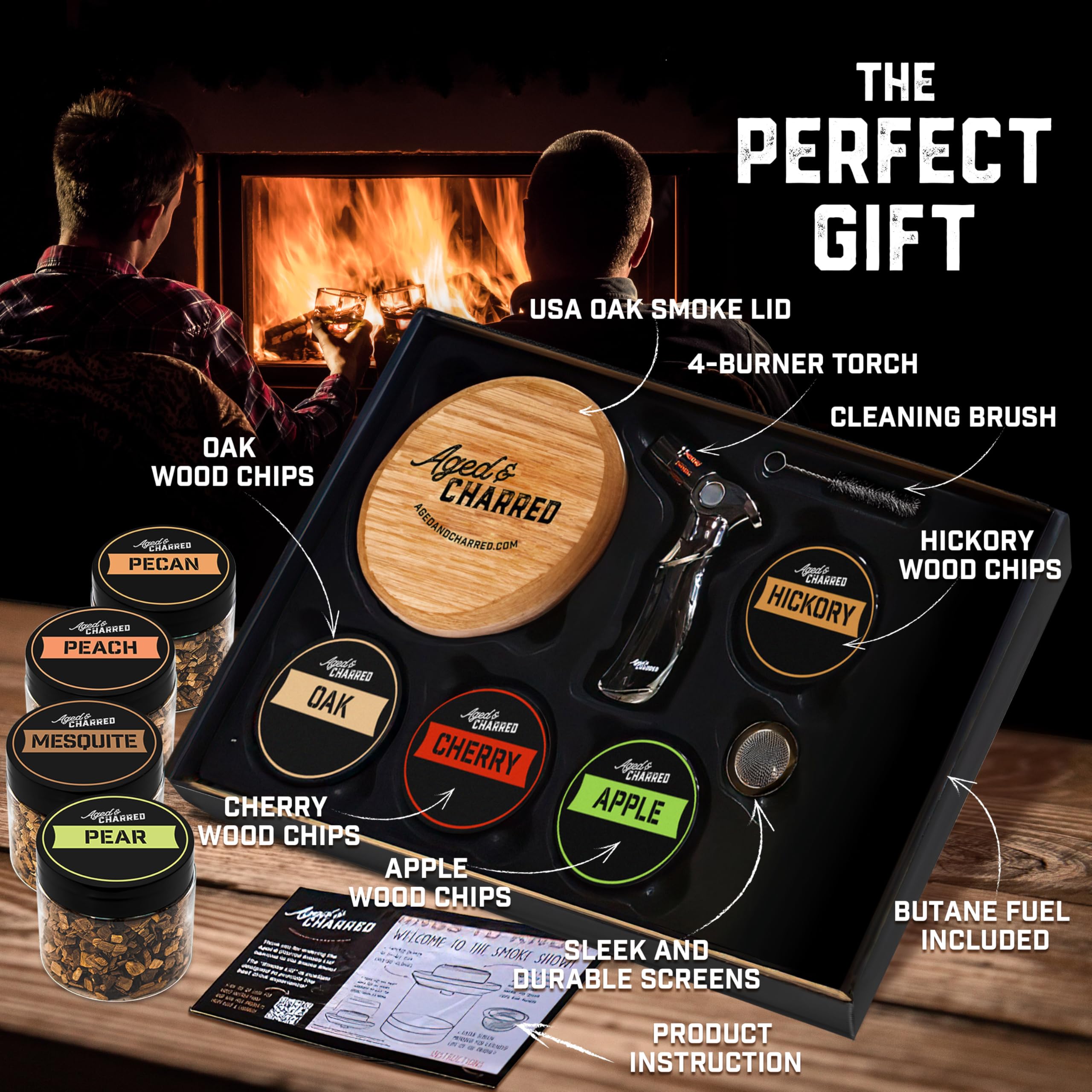 Premium Cocktail Smoker Kit with Butane Torch & 4 Wood Chip Flavors - Whiskey, Bourbon & Drink Smoking Accessories for Home Bars & Mixology Enthusiasts
