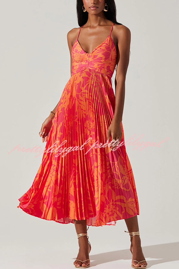 Floral Print Pleated Midi Dress with Back Tie Detail - Perfect for Wedding Parties, Bridal Showers & Summer Events