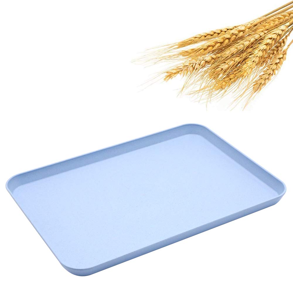 Unbreakable Wheat Straw Dinner Tray - Decorative Food Serving Tray for Coffee Table, Couch & Party | Eco-Friendly Snack & Appetizer Platter for Dining, Picnic & Home Use (Blue)