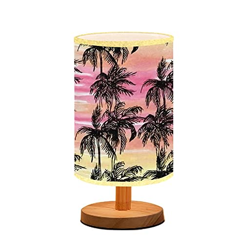 Minimalist Wooden Nightstand Lamp with Flaxen Fabric Shade - Sunset Palm Silhouette Bedside Table Light for Bedroom, Living Room & Nursing (Perfect for Reading, Breastfeeding & Ambient Lighting)