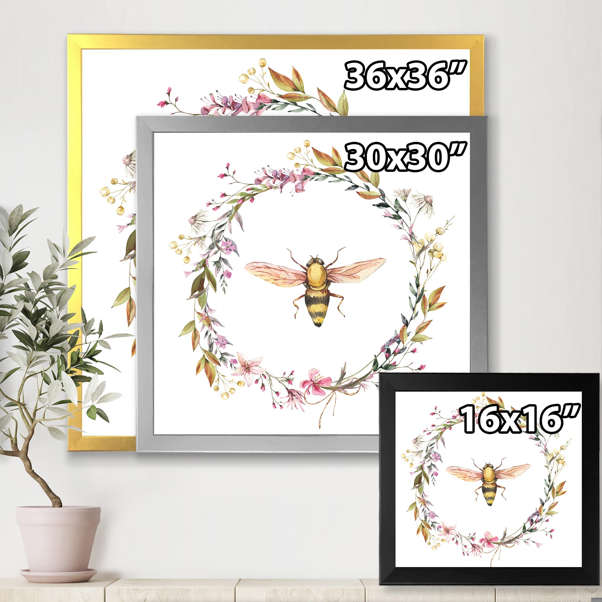 DesignQ Bee In Wildflowers Wreath - Rustic Farmhouse Framed Wall Art Decor for Living Room, Bedroom & Kitchen - Perfect for Home, Office & Wedding Decorations