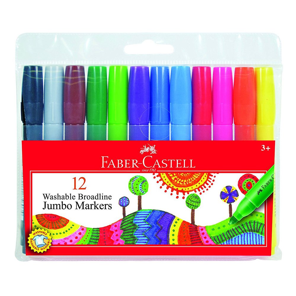 Faber-Castell Jumbo Broad Line Washable Markers Set - 12 Vibrant Colors, Non-Toxic & Safe for Kids, Perfect for School Projects, Art Class, and Home Drawing Activities