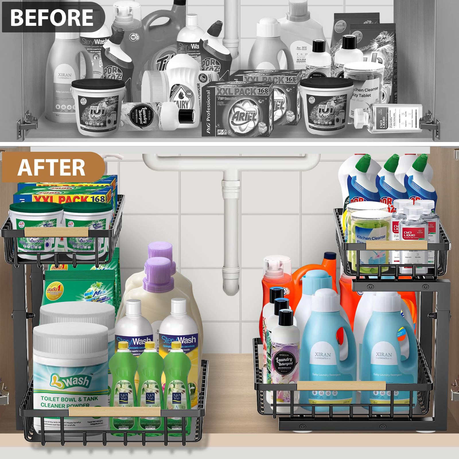 Under Sink Organizer - Metal Pull Out Cabinet Shelf for Kitchen & Bathroom Storage | Slide Out Drawer for Sponges, Cleaners & Supplies | Space Saving Solution for Under Sink, Laundry Room & Pantry Organization
