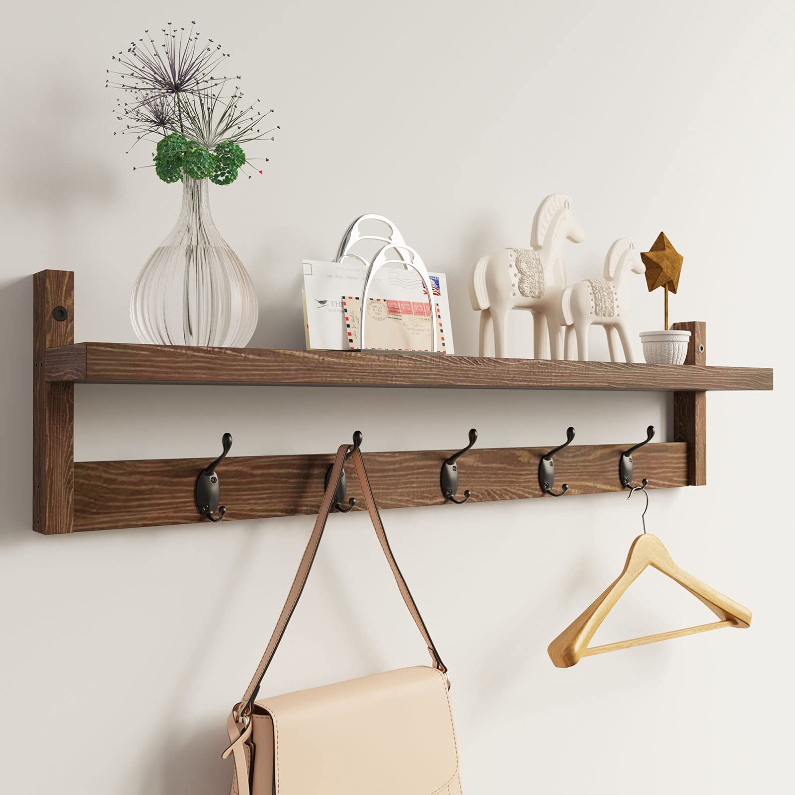AMBIRD 28.9 Inch Wall Mounted Coat Rack with Shelf - 5 Dual Hooks for Entryway, Bathroom, Living Room & Bedroom - Solid Wood Hanging Organizer for Jackets, Hats, Bags & Towels (Brown) - Perfect for Small Spaces & Home Decor