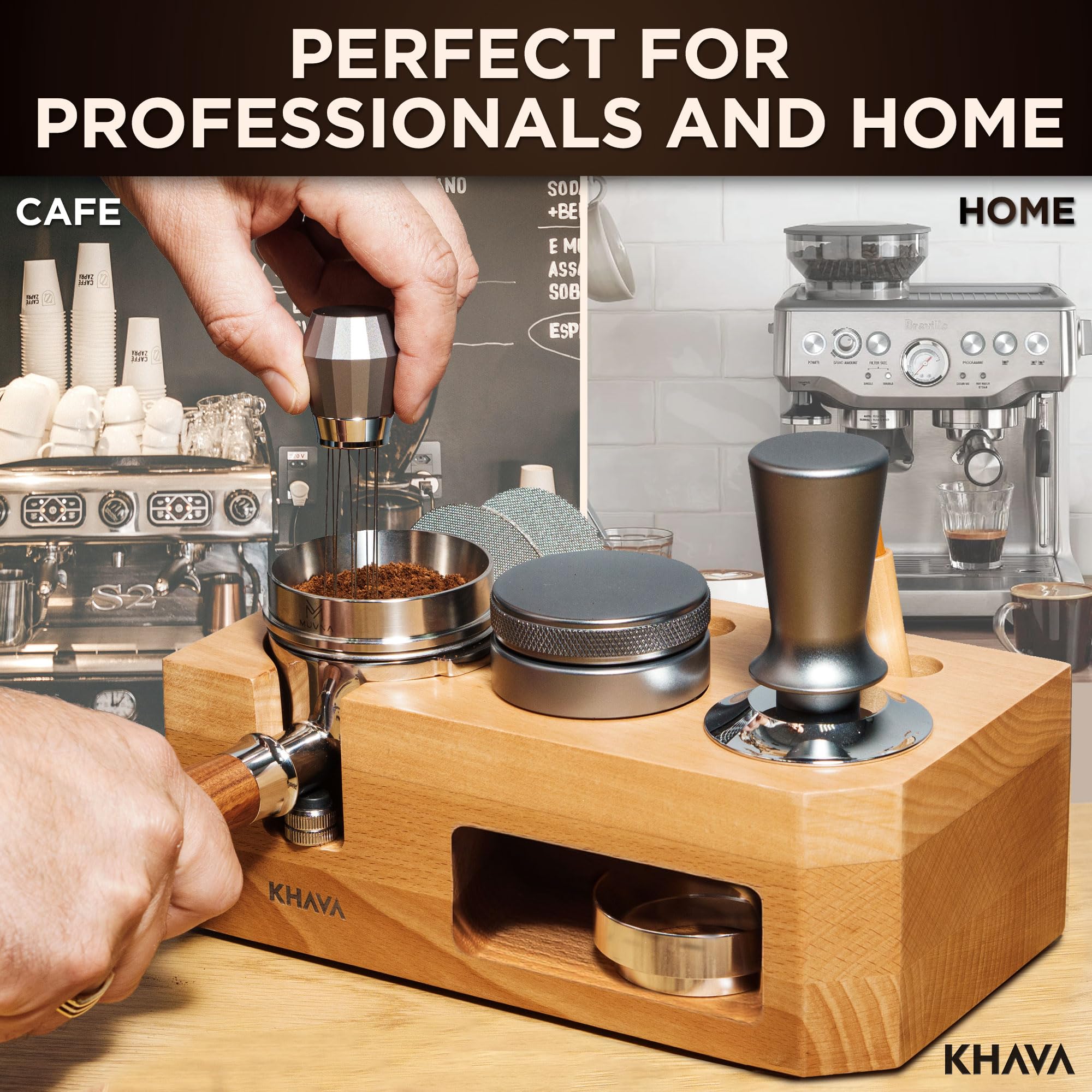 KHAVA Wooden Espresso Tamping Station 58mm - Coffee Bar Organizer for Countertop & Portafilter Holder