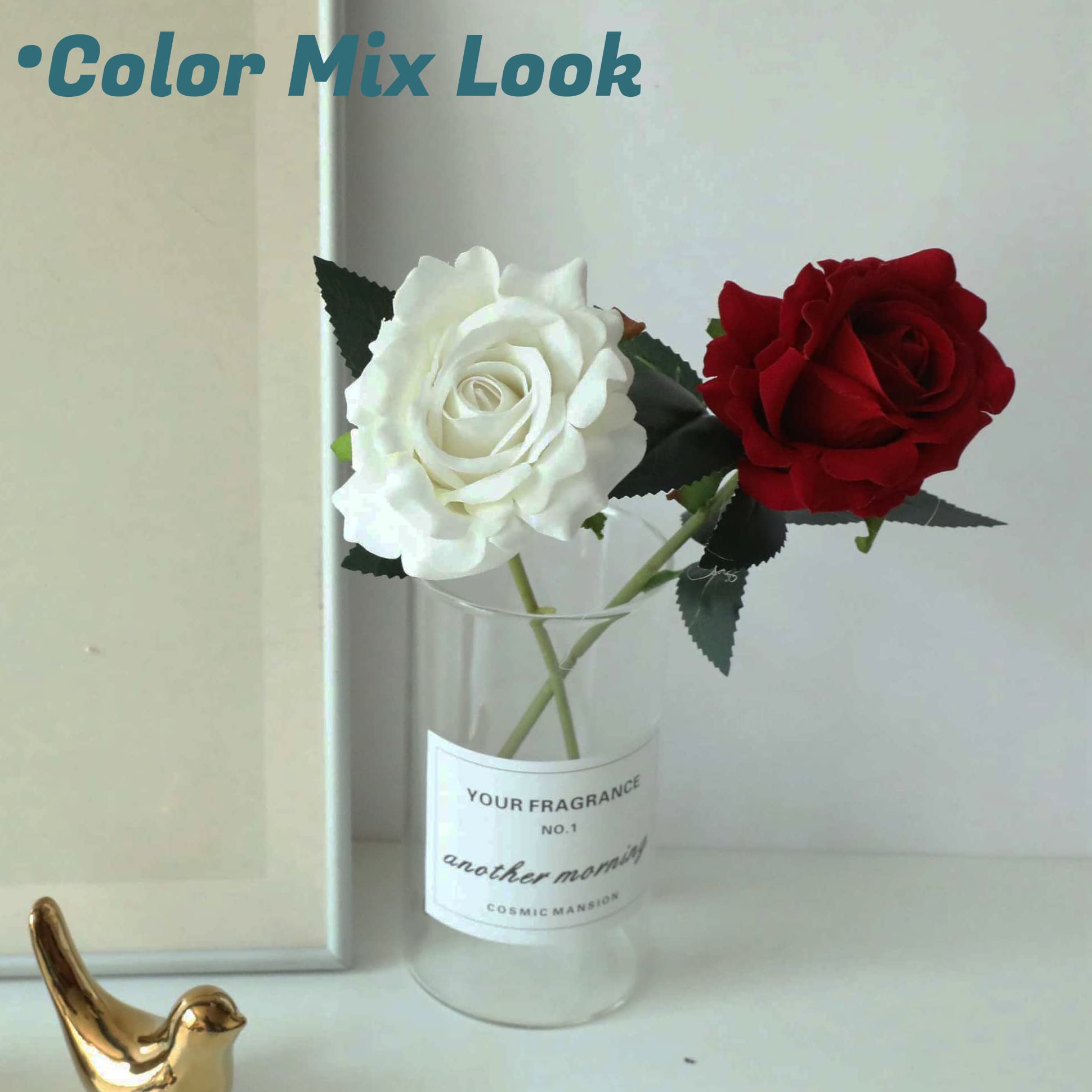 12pcs 12 Inch Velvet Rose Artificial Flowers with Stem and Leaves - Realistic Velvety Floral Stems for Home Decor, Wedding Centerpieces, DIY Bouquets, Table Arrangements (Red)