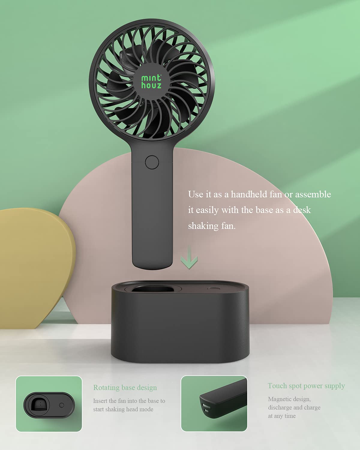 Minthouz Handheld Fan - Mini Portable USB Rechargeable Personal Fan with 90° Auto Head Shaking, 3 Speed Settings, 2000mAh Battery - Perfect for Office, Home, Travel, Gym & Outdoor Activities (Stylish Design for Women, Men & Kids)