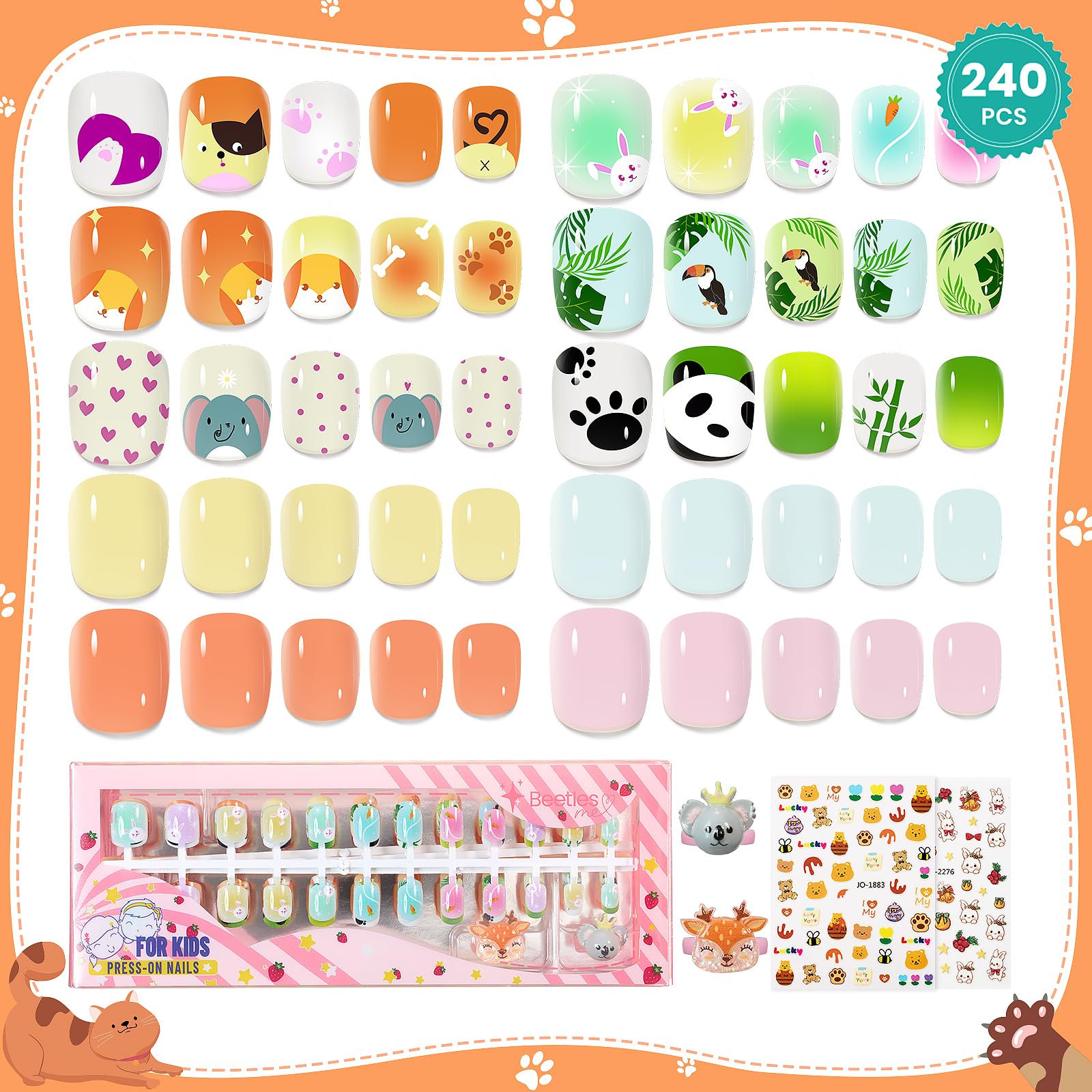Beetles Kids Press on Nails 240PCS - Extra Short Fake Nail Kit with Animal Designs, Mini Nail File & Adhesive Tabs (10 Pack) | DIY Nail Art Gift for Girls | Perfect for Birthday Parties, Playdates & Dress-Up Fun