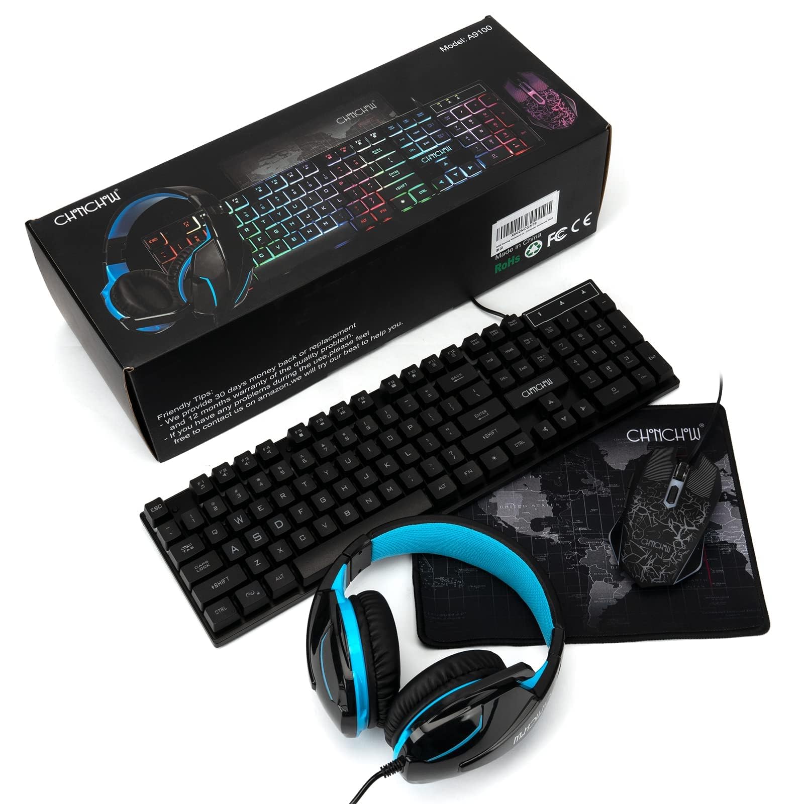 CHONCHOW RGB Gaming Keyboard, Mouse, Headset & Mousepad Combo - Wired Backlit Gaming Bundle for PC, PS4, PS5, Xbox - Perfect for Esports, Streaming & Professional Gaming Setup