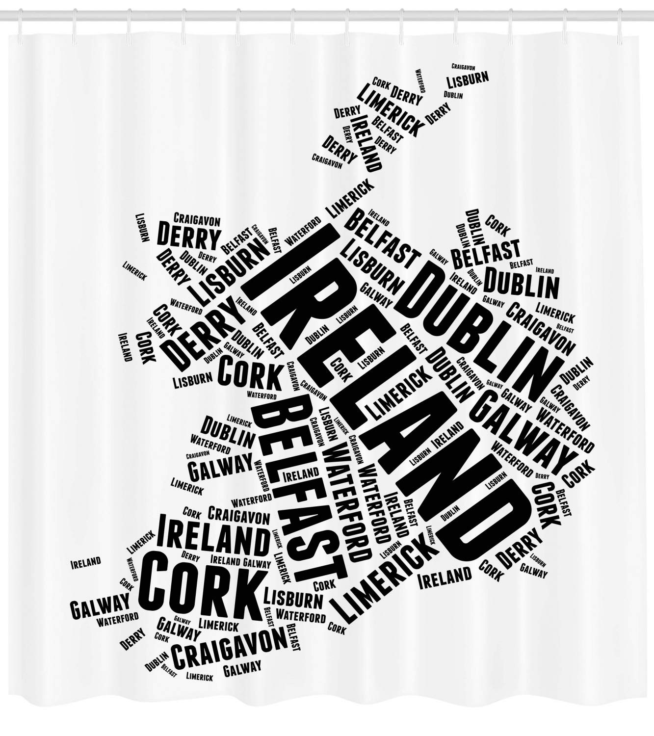 Ambesonne Ireland Map Shower Curtain - Modern Calligraphic Monochrome Design with City Names, 105