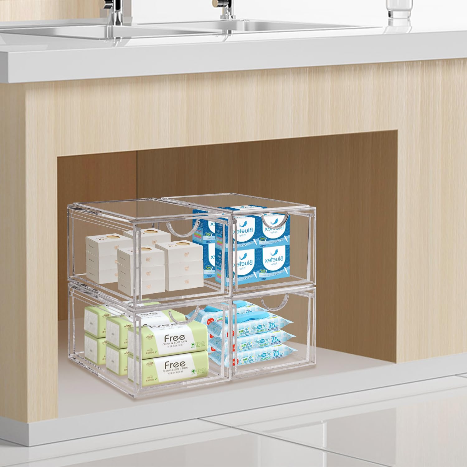 Stackable Acrylic Makeup Organizer Drawers - 2-Piece Set for Cosmetics, Bathroom Counter, or Dresser | Clear Storage for Vanity & Beauty Products