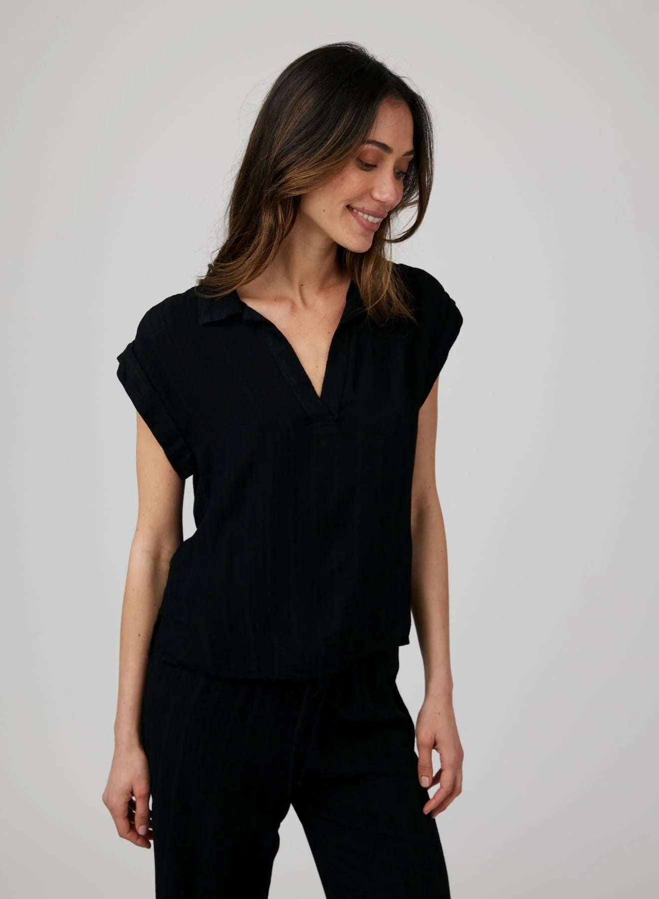 Basket Weave Stripe Cap Sleeve Henley Top for Women - Casual Summer T-Shirt for Outdoors, Travel & Everyday Wear