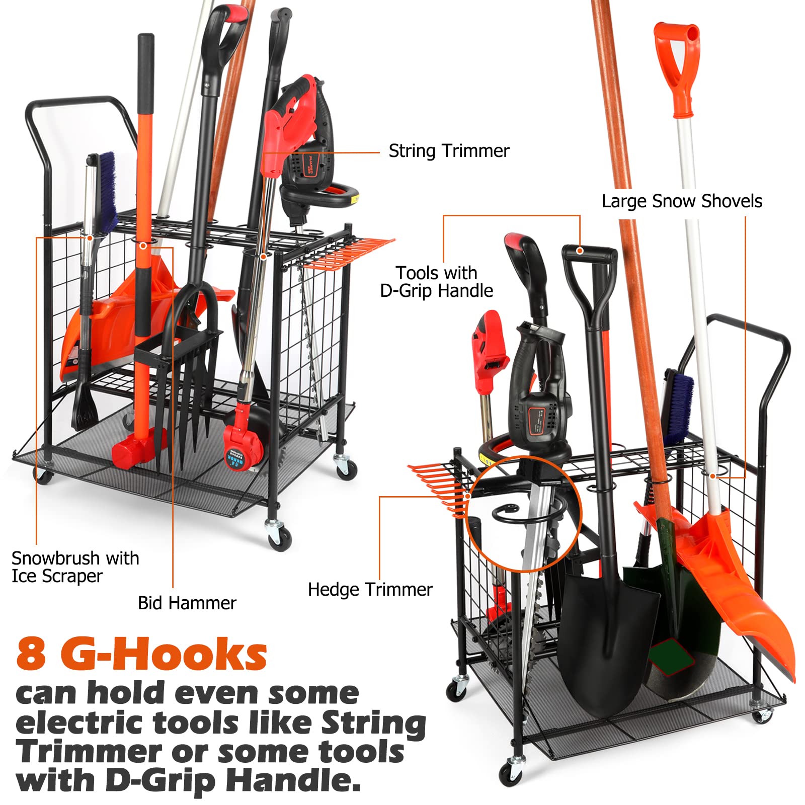 Steel Garden Tool Organizer with Wheels - Heavy Duty Rolling Tool Tower for Garage, Shed & Yard Storage - Black Long Handle Tool Organizer for Easy Access & Mobility | Perfect for Gardening, Landscaping & Home Organization