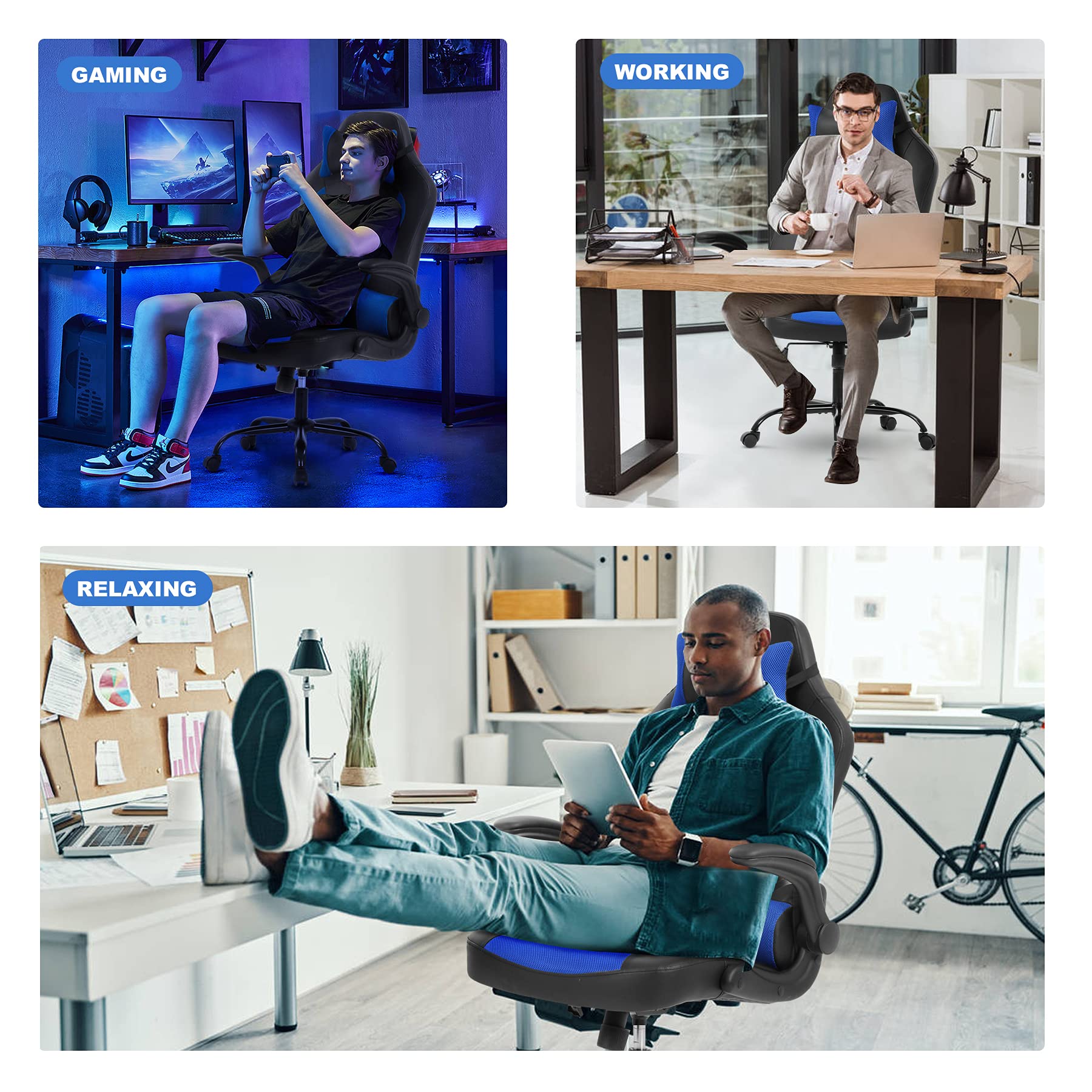 Ergonomic Gaming Chair with Lumbar Support - Adjustable PC Computer Racing Chair for Office & Home, Flip-Up Armrests, Swivel & Rolling Task Chair for Men & Women (Blue) - Perfect for Gaming, Working & Studying