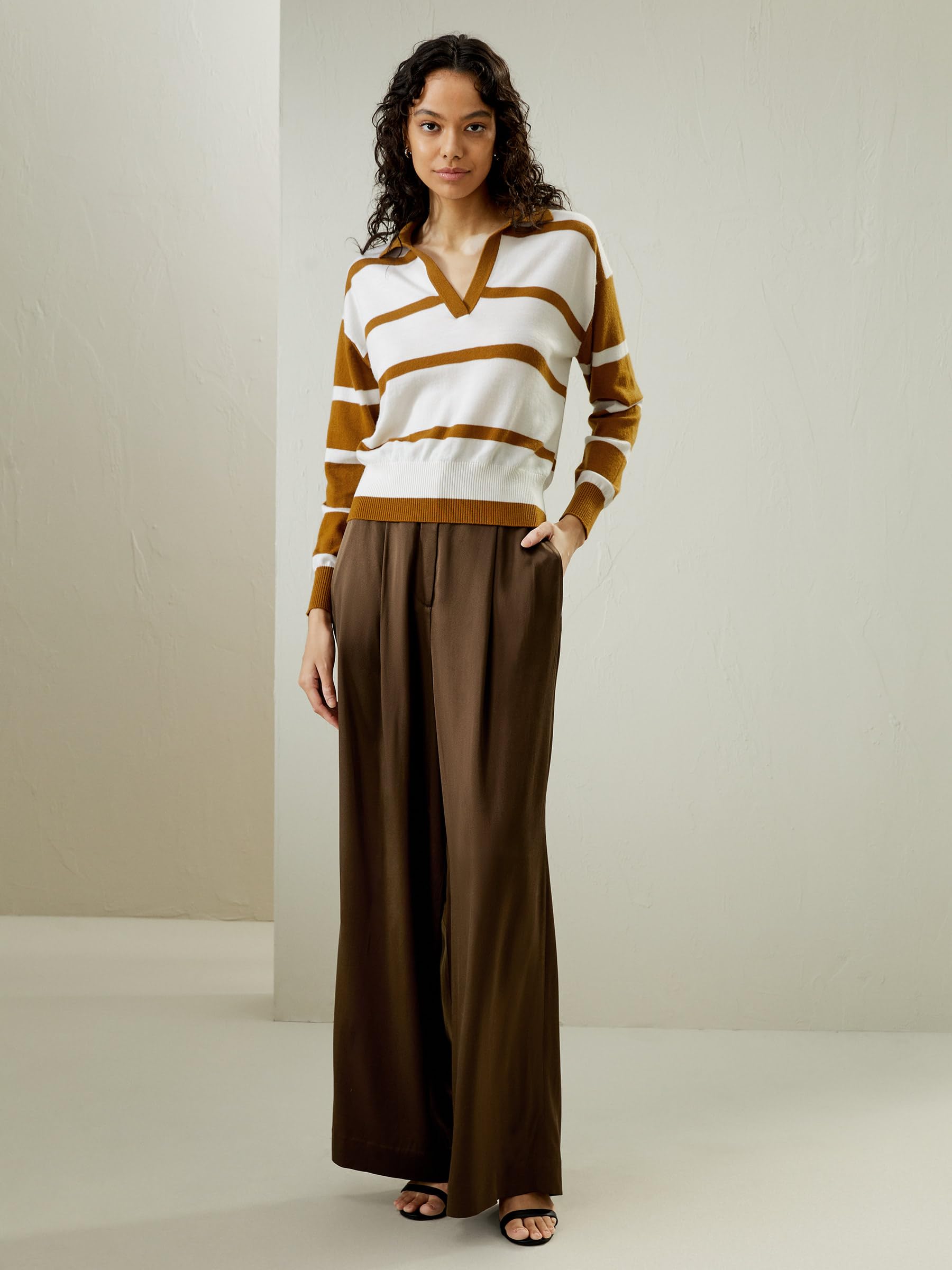 LilySilk 100% Merino Wool Women's Polo V-Neck Pullover Sweater - Soft Oversized Casual Knit Top with Coffee & White Stripes | Perfect for Fall Layering, Office Wear & Cozy Weekends