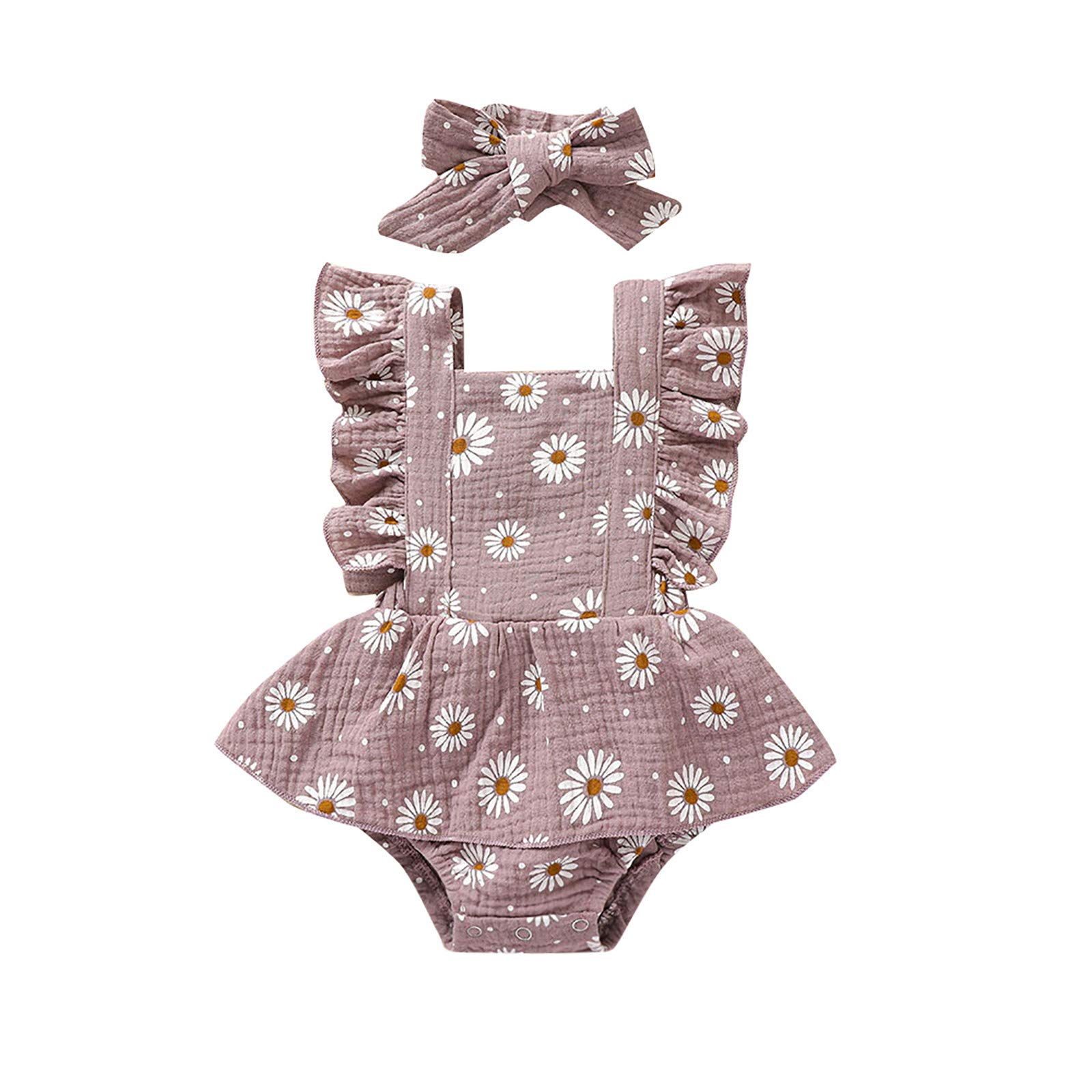 Yuanjay Baby Backless Newborn Infant Romper Bodysuit with Floral Print Ruffle Headband - Cute Girls' Jumpsuit for Photo Shoots, Birthday Parties & Summer Outfits