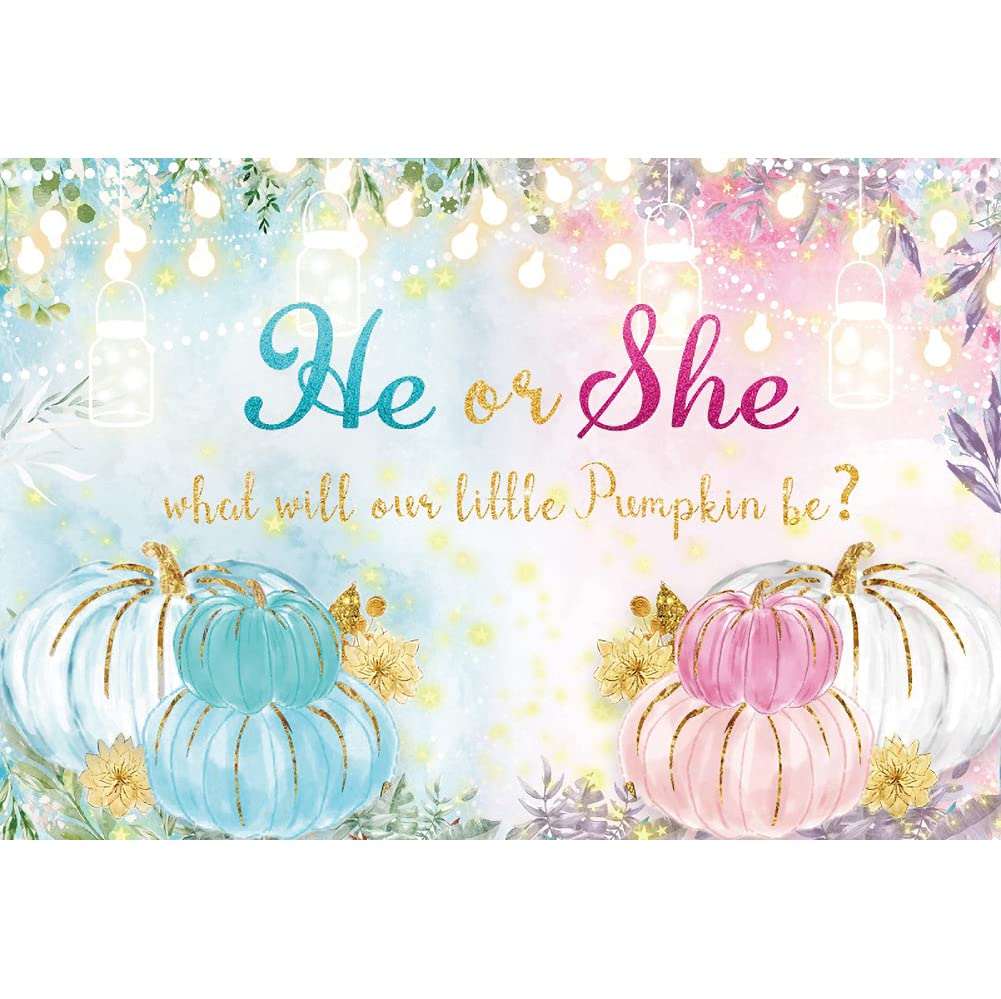 Leyiyi 12x10ft Gender Reveal Backdrop - Rustic Floral Pink & Blue Pumpkin Photography Background with Glitter - Perfect for Baby Shower, Gender Reveal Party Decorations & Newborn Photo Shoots