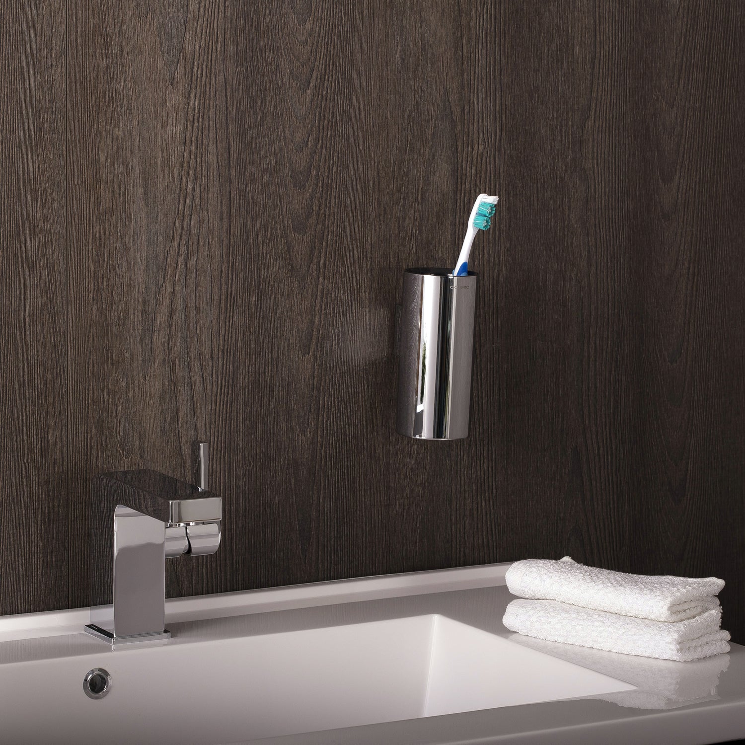 COSMIC Project Chrome Finish Plastic Toothbrush Holder - Wall Mount Bathroom Cup Organizer, 2.38