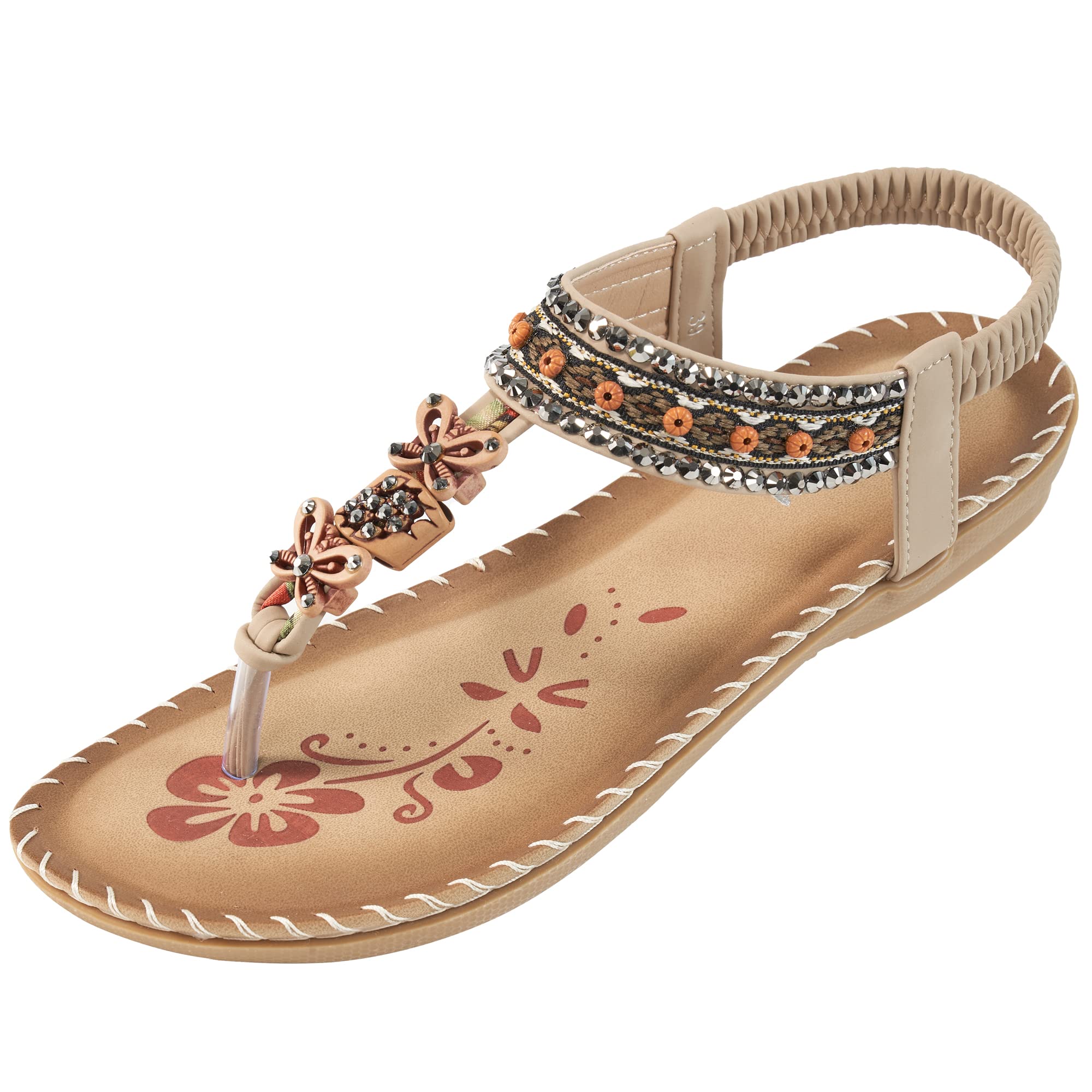 **Women's Bohemian Beaded Flat Sandals – Comfortable Summer Slip-On with Ankle Strap | Dressy & Casual Elastic Sandals for Beach, Travel & Everyday Wear**