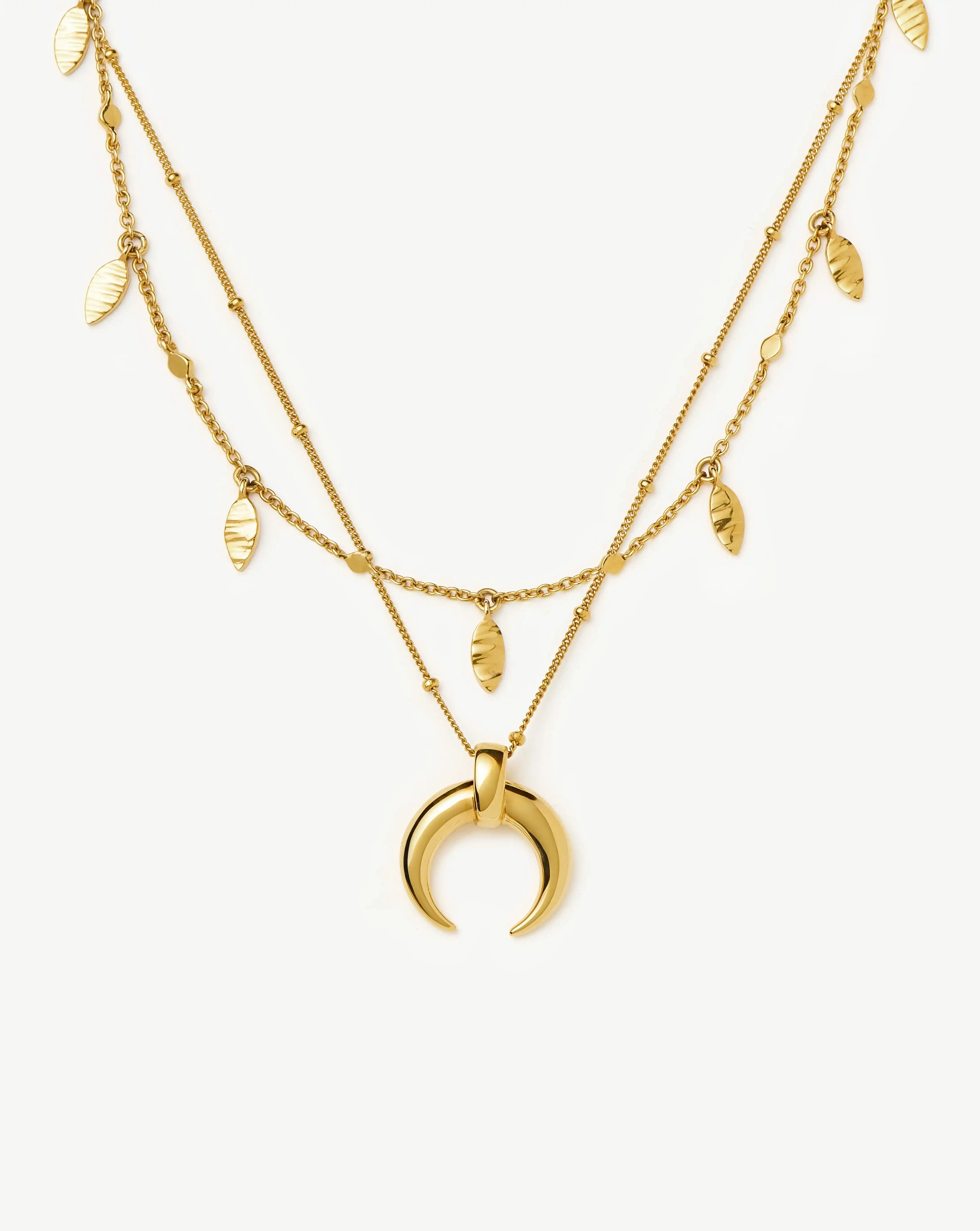 Lucy Williams 18k Gold Plated Horn Necklace & Leaf Charm Choker Set - Elegant Boho Jewelry for Women | Perfect for Festivals, Date Nights & Layered Looks
