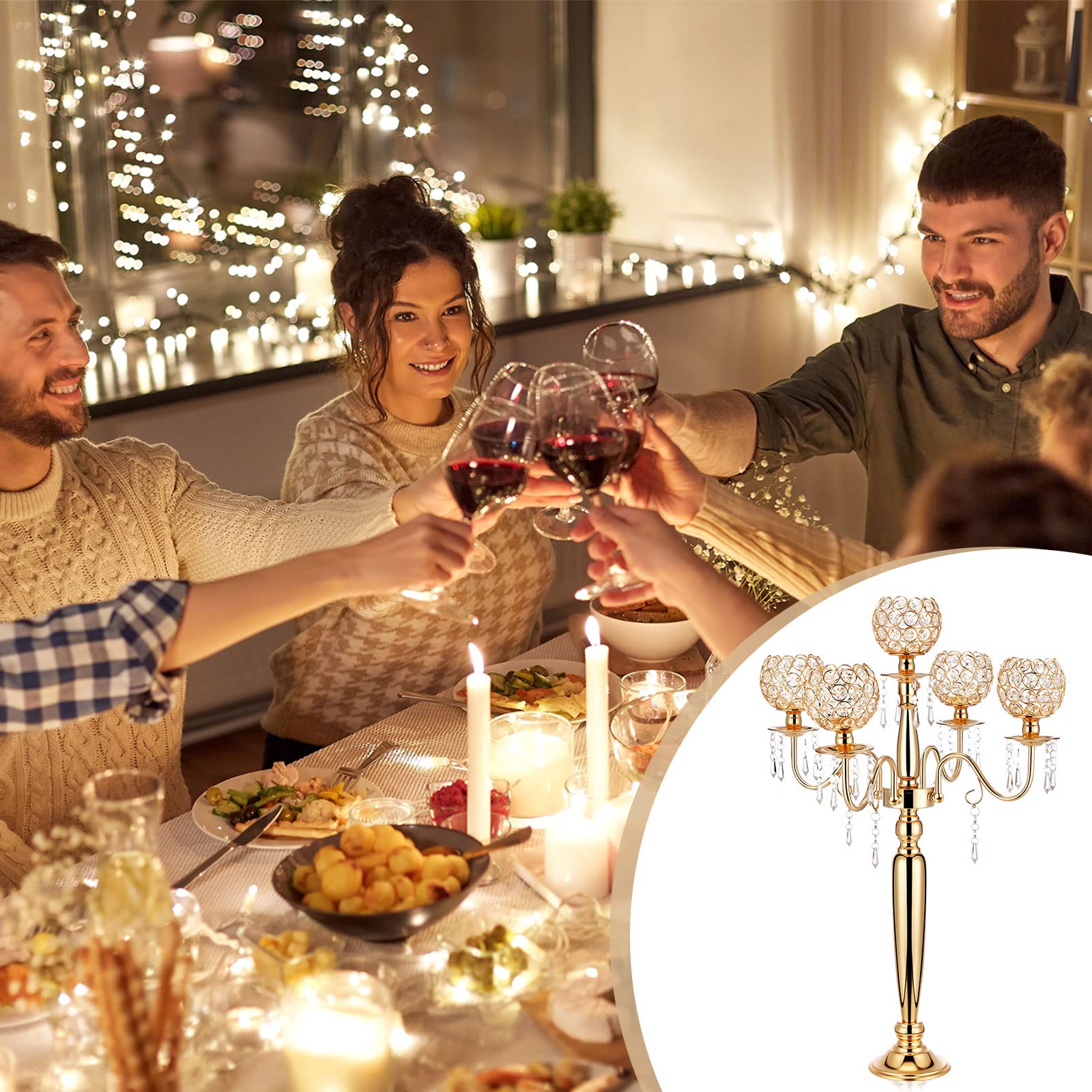Tessco 4-Piece 5-Arm Crystal Candelabra Set - 29.5 Inch Gold Candle Holders for Wedding, Party & Christmas Decor - DIY Table Centerpiece for Dining Room, Mantel & Event Decorations