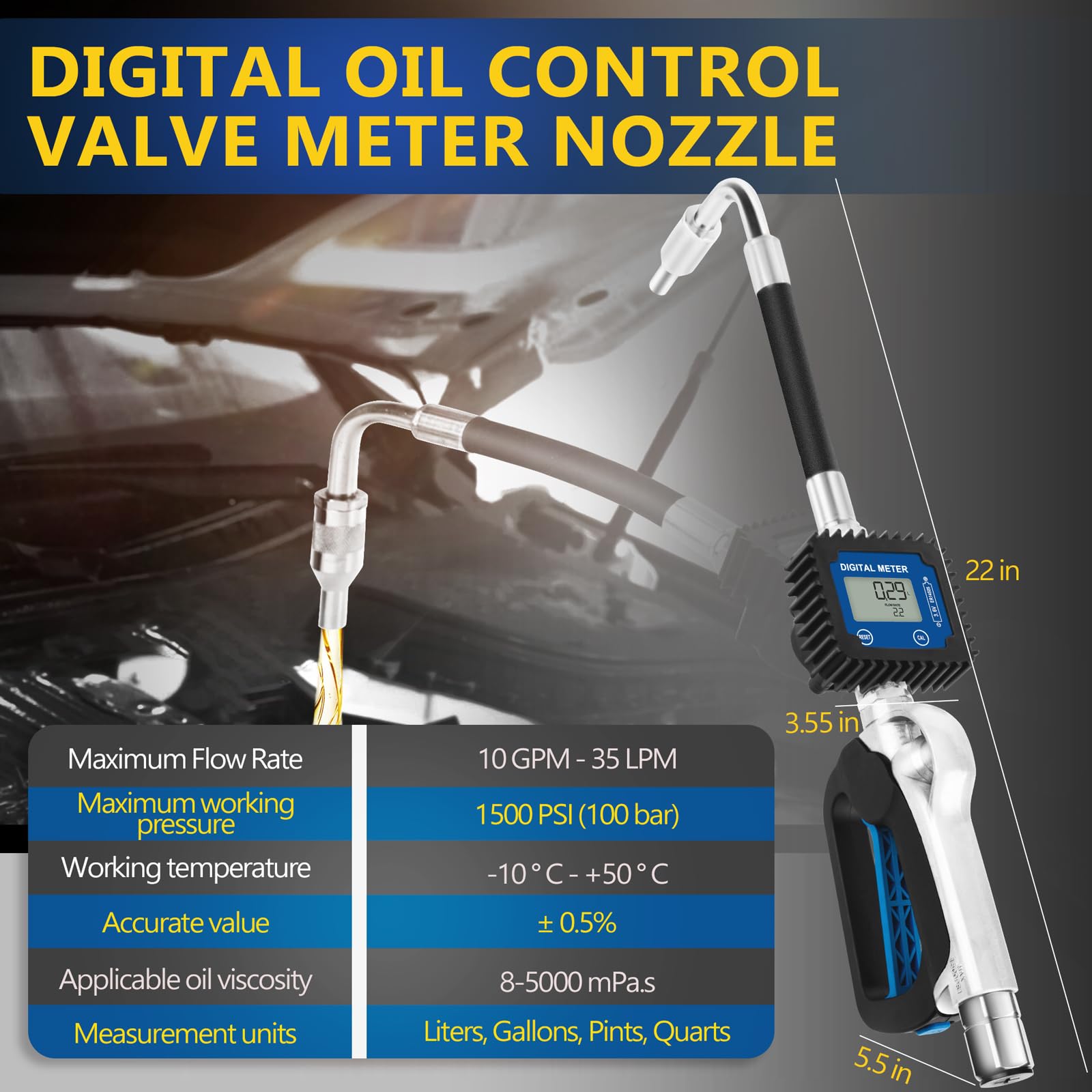 **Heavy Duty Digital Oil Control Valve Flow Meter Dispenser Nozzle - 10 GPM / 35 LPM, Air Operated Electronic Oil Metering Gun with 1/2 Inch NPT Inlet - Max Pressure 1500 PSI / 100 Bar - Ideal for Fuel Transfer, Lubrication Systems & Industrial Applications**