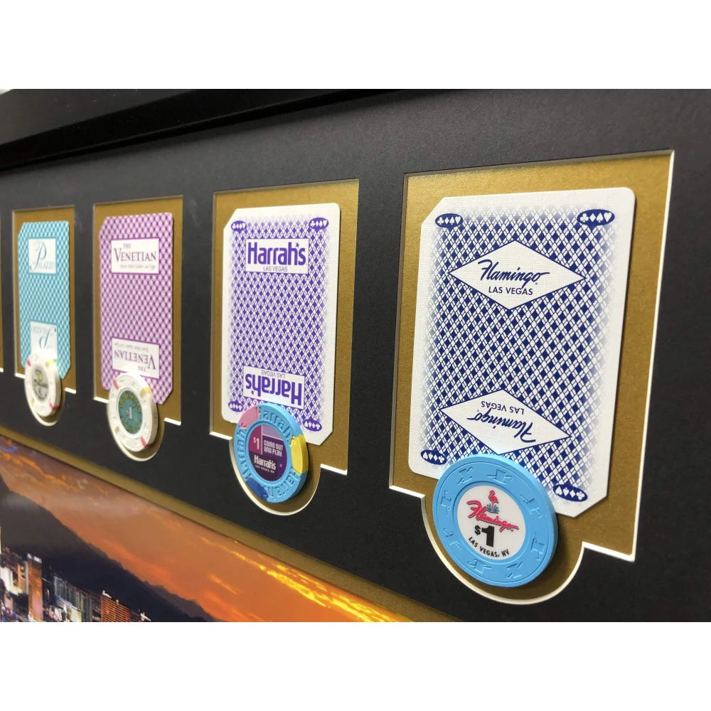 Authentic Las Vegas Hotel Casino Playing Cards & Poker Chips Collage - Framed Wall Art for Game Room Decor (Set of 10) - Perfect for Poker Lovers, Man Cave, and Casino Themed Home Decor