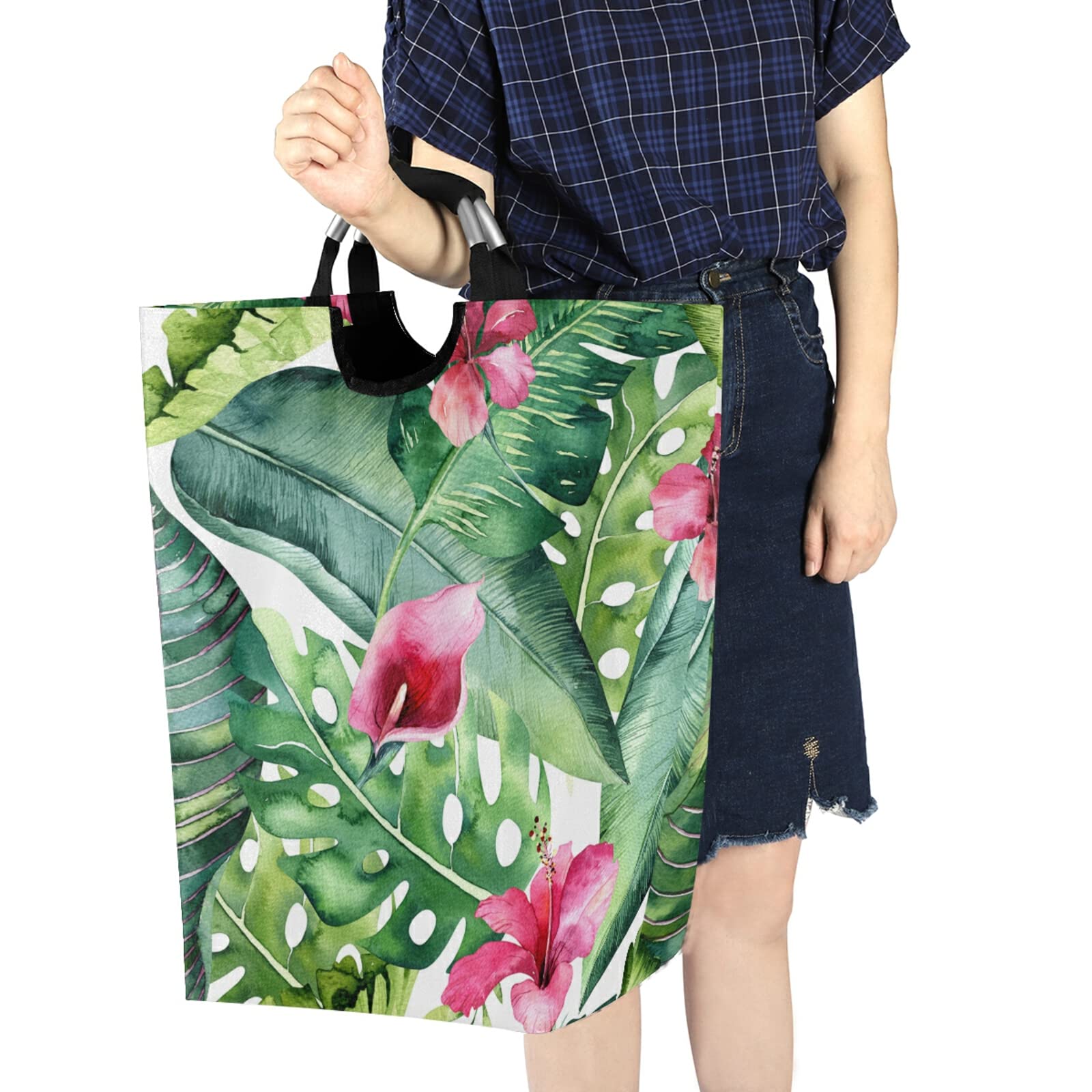 Collapsible Laundry Hamper with Handles - Foldable Waterproof Clothes Basket & Portable Washing Bin - Tropical Leaves Design for Dorm, Travel & Home Organization