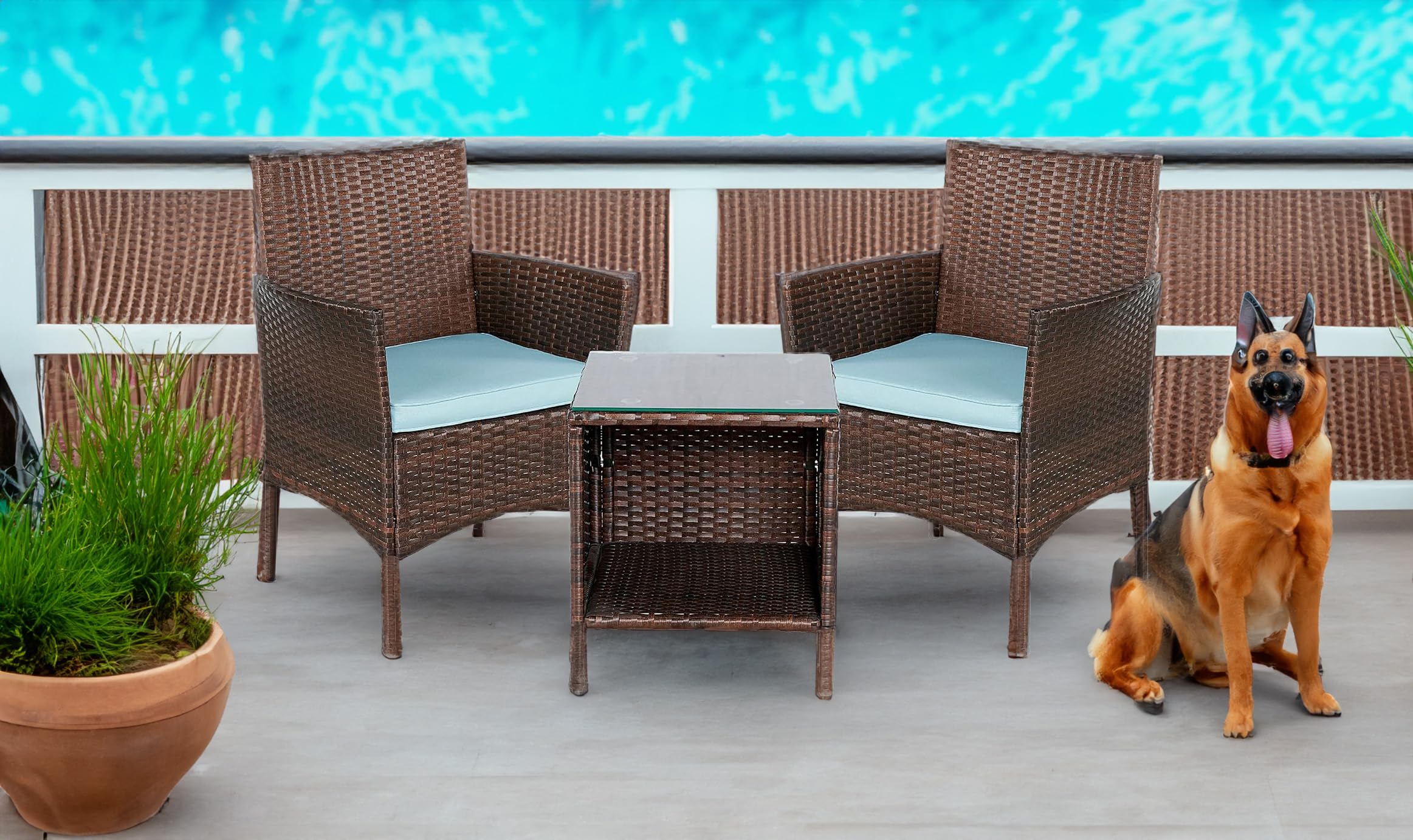 BTEXPERT 3-Piece Outdoor Wicker Patio Set with Cushions - Space-Saving Rattan Bistro Furniture for Garden, Yard & Porch - Includes 2 Chairs with Side Storage & Tempered Glass Table (Brown) - Perfect for Small Balconies, Poolside Lounging and Intimate Outdoor Dining