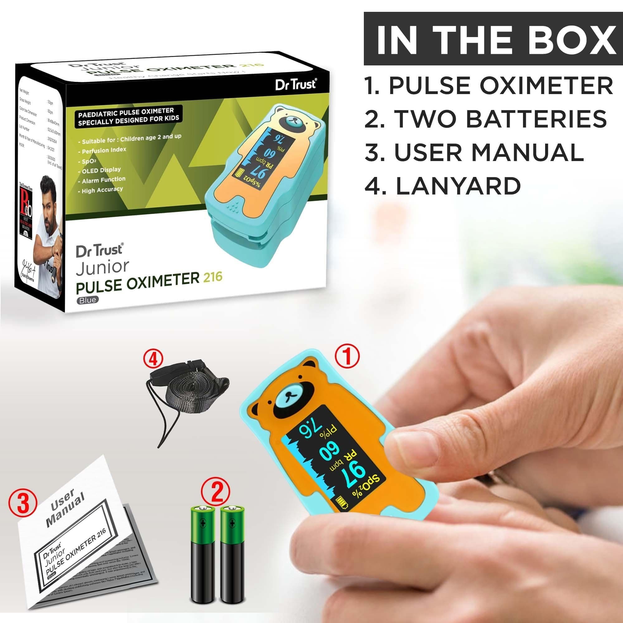 Dr Trust USA Pediatric Pulse Oximeter for Kids & Infants - Accurate Finger Oxygen Monitor with LED Display (Green) - Ideal for Home Use, Childcare, and Pediatric Clinics