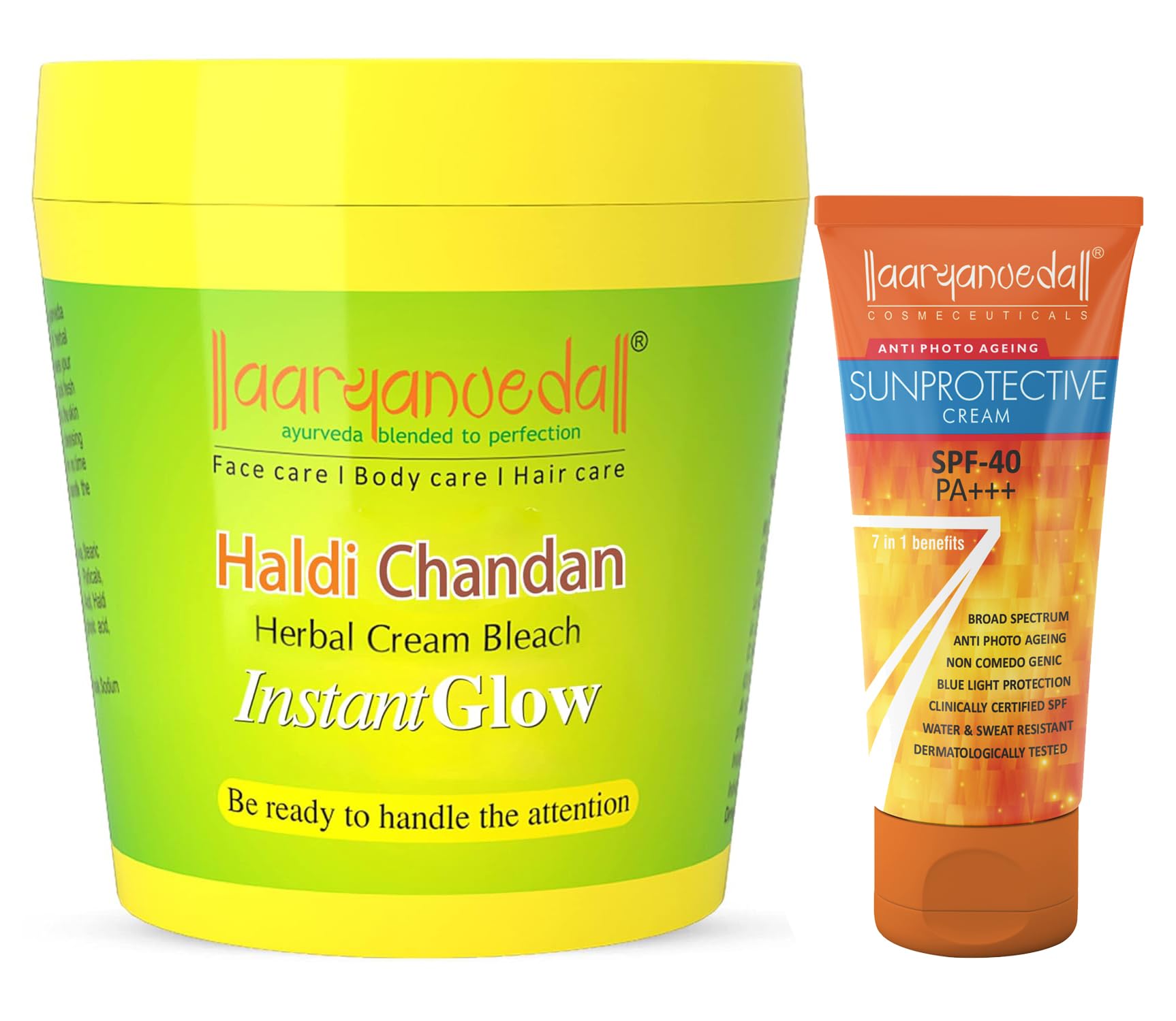 Aryanveda Herbals Haldi Chandan Face Bleach Cream 250g & SPF 40 Sunscreen Lotion 60g - Natural Skin Brightening & Sun Protection for Glowing Complexion | Perfect for Daily Skincare & Outdoor Activities
