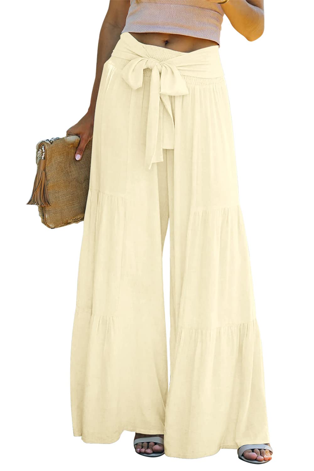 ReachMe Women's Linen Beach Pants - High Waisted Wide Leg Palazzo Pants with Smocked Waist for Summer, Vacation & Lounge Wear - Perfect for Beach, Yoga & Casual Outfits