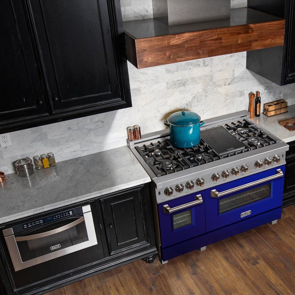 ZLINE 48-Inch 6.0 cu. ft. Dual Fuel Range with 7-Burner Gas Cooktop & 2 Electric Ovens - Satin Stainless Steel & Blue Gloss Doors (RAS BG 48) - Perfect for Modern Kitchens & Professional Cooking