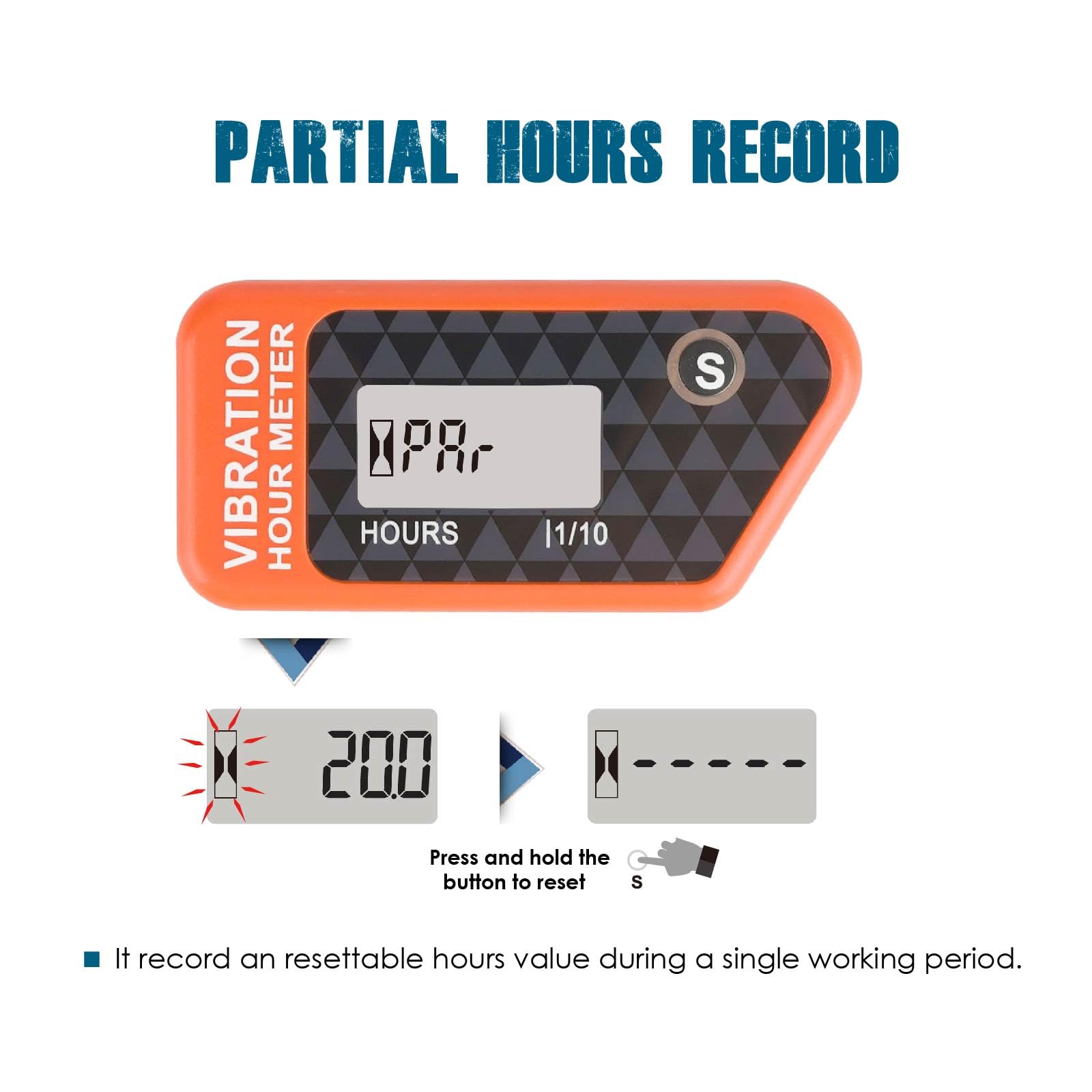 Runleader Digital Self Powered Hour Meter - Vibration Activated, Resettable Job Timer with User Lock Shutdown for Generator, Marine, ATV, Lawn Mower, Motor (Orange) | Track Engine Hours & Maintenance for Outdoor Equipment, Boats, and Vehicles