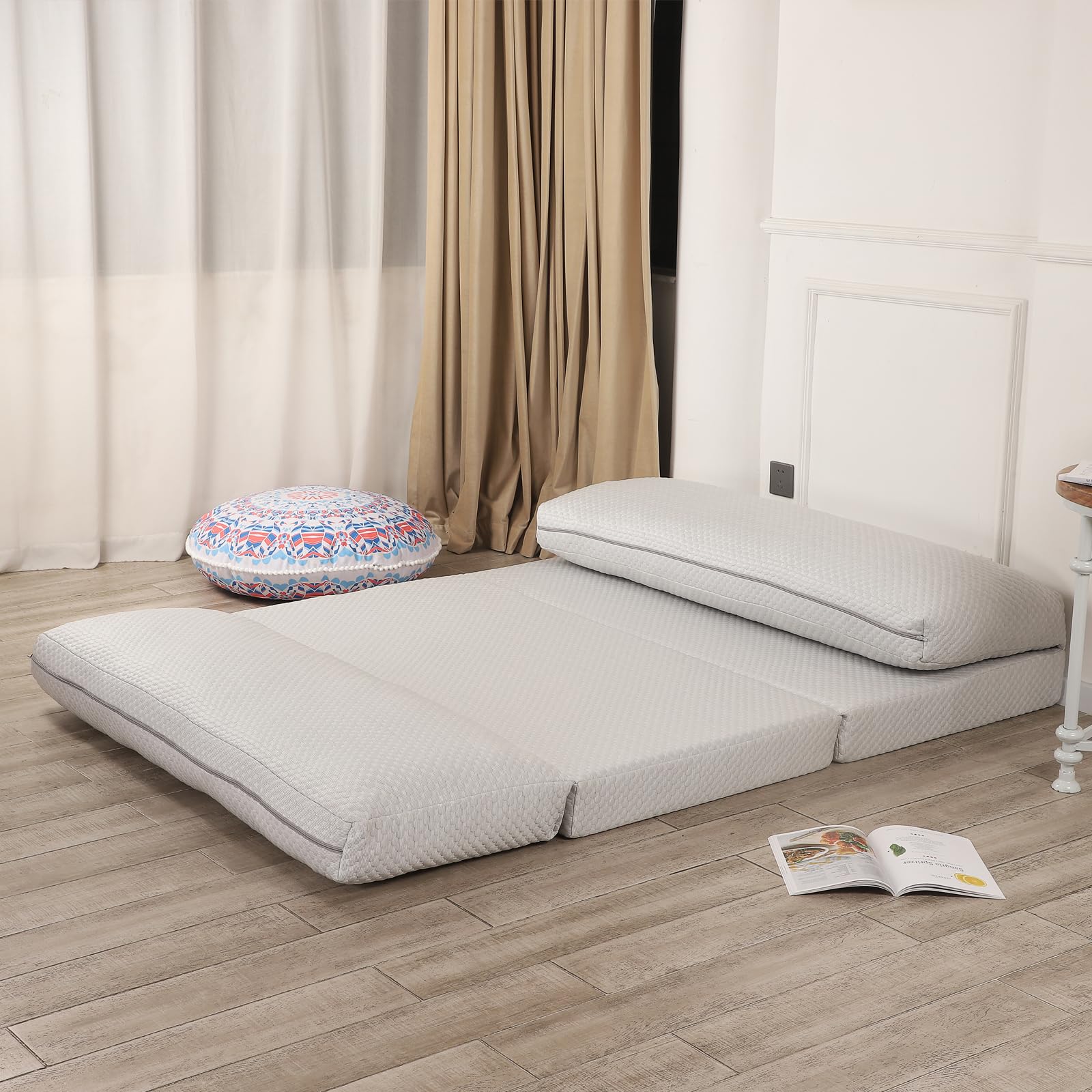 Breathable Cooling Bean Bag Sofa Bed - Foldable Full Size Floor Mattress for Hot Sleepers with Removable Washable Cover, Light Grey (54x95 Inches) - Perfect for Dorm Rooms, Guest Beds & Summer Napping